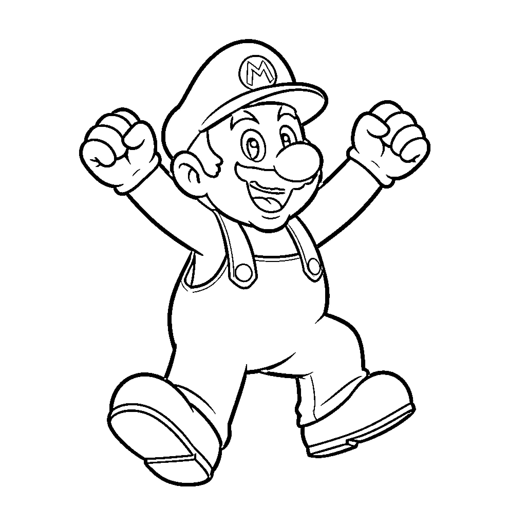 Mario jumping joyfully with arms raised high Coloring Page (free black-and-white line drawing printable PDF for all, from beginners to advanced learners, including children, teens, adults, and seniors)
