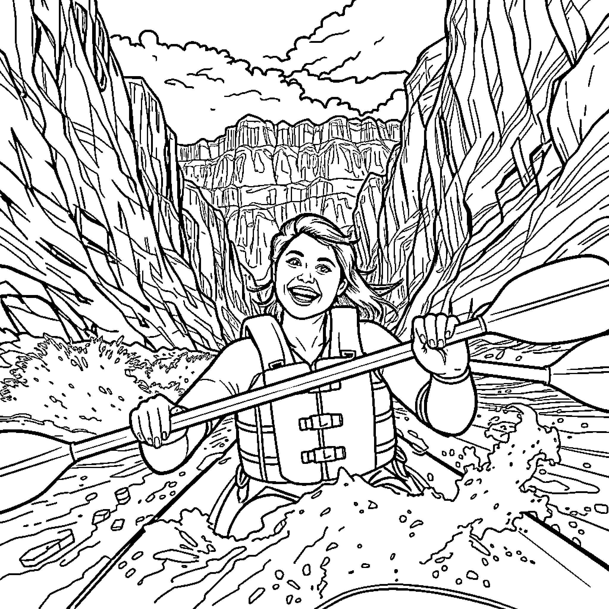 Alexis Malone Rafting Through Rugged Terrain Coloring Page (free black-and-white line drawing printable PDF for all, from beginners to advanced learners, including children, teens, adults, and seniors)