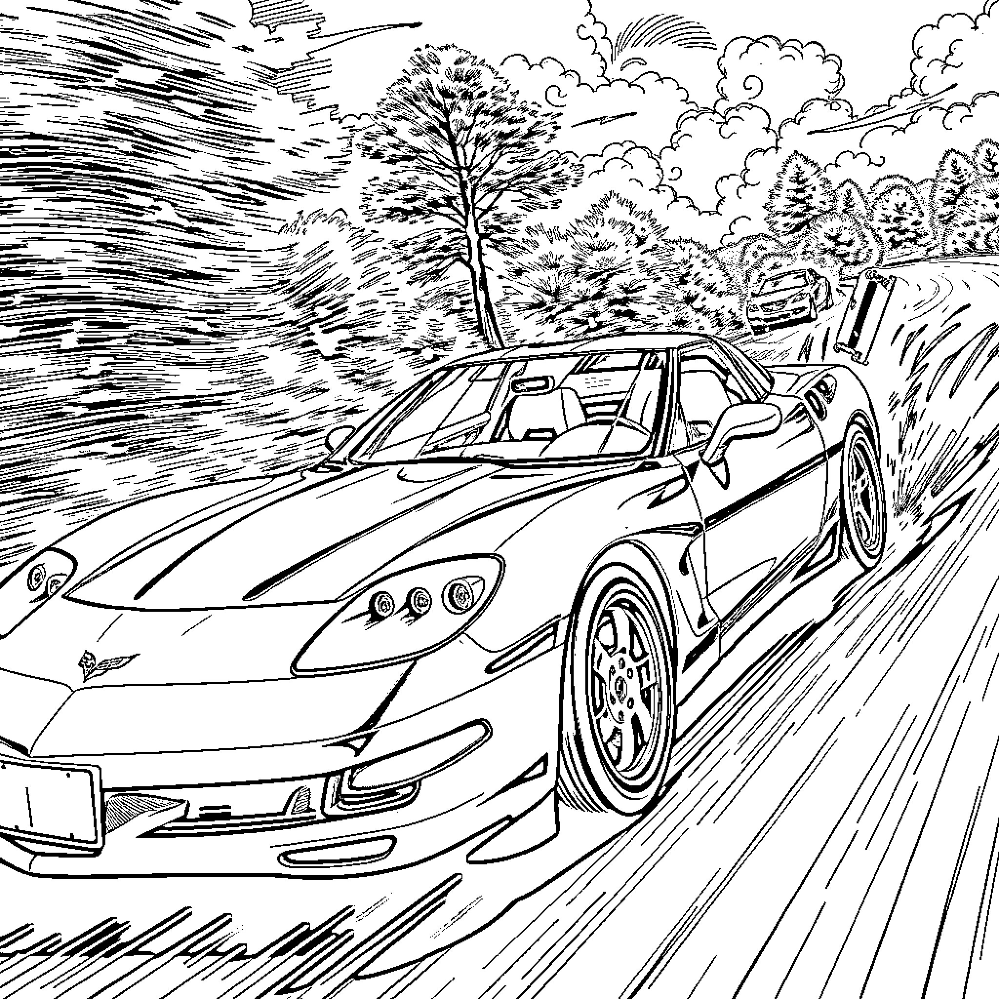 Corvette speeding through the countryside Coloring Page (free black-and-white line drawing printable PDF for all, from beginners to advanced learners, including children, teens, adults, and seniors)