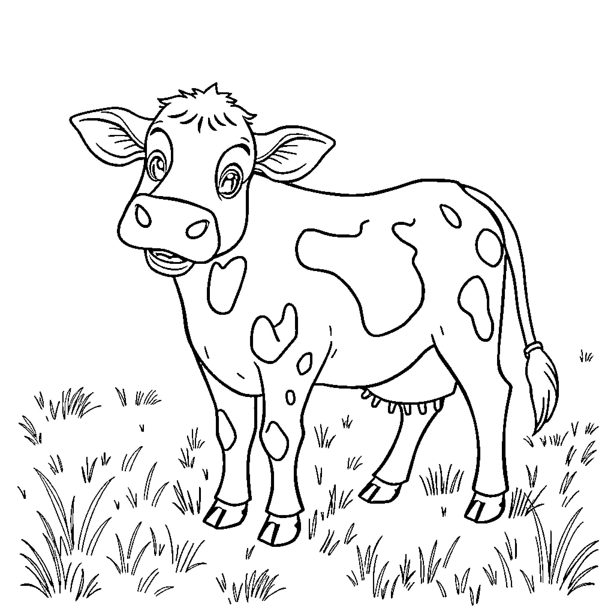 Vaca enjoying a sunny day in the field Coloring Page (free black-and-white line drawing printable PDF for all, from beginners to advanced learners, including children, teens, adults, and seniors)