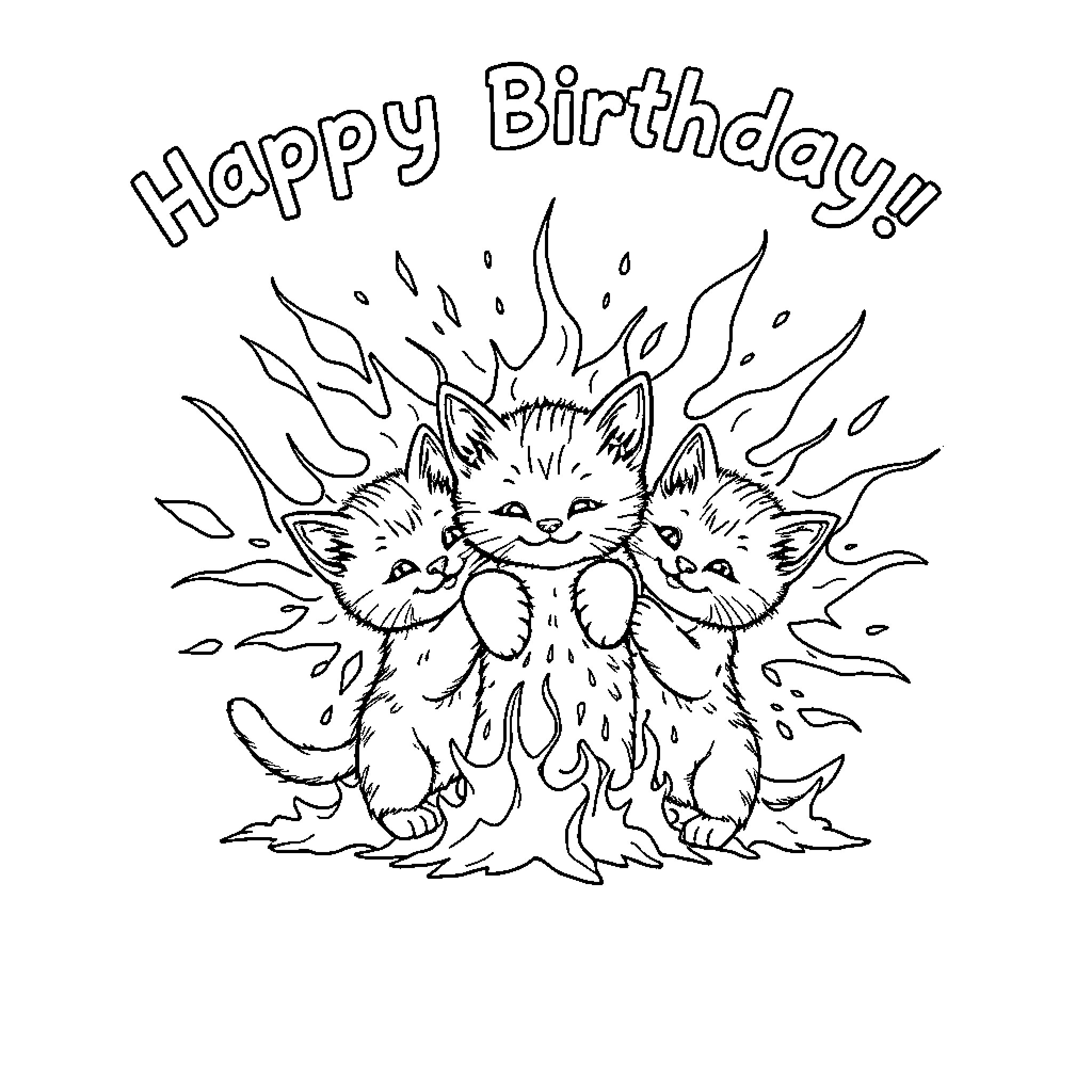 Kittens Celebrating Happy Birthday Coloring Page (free black-and-white line drawing printable PDF for all, from beginners to advanced learners, including children, teens, adults, and seniors)
