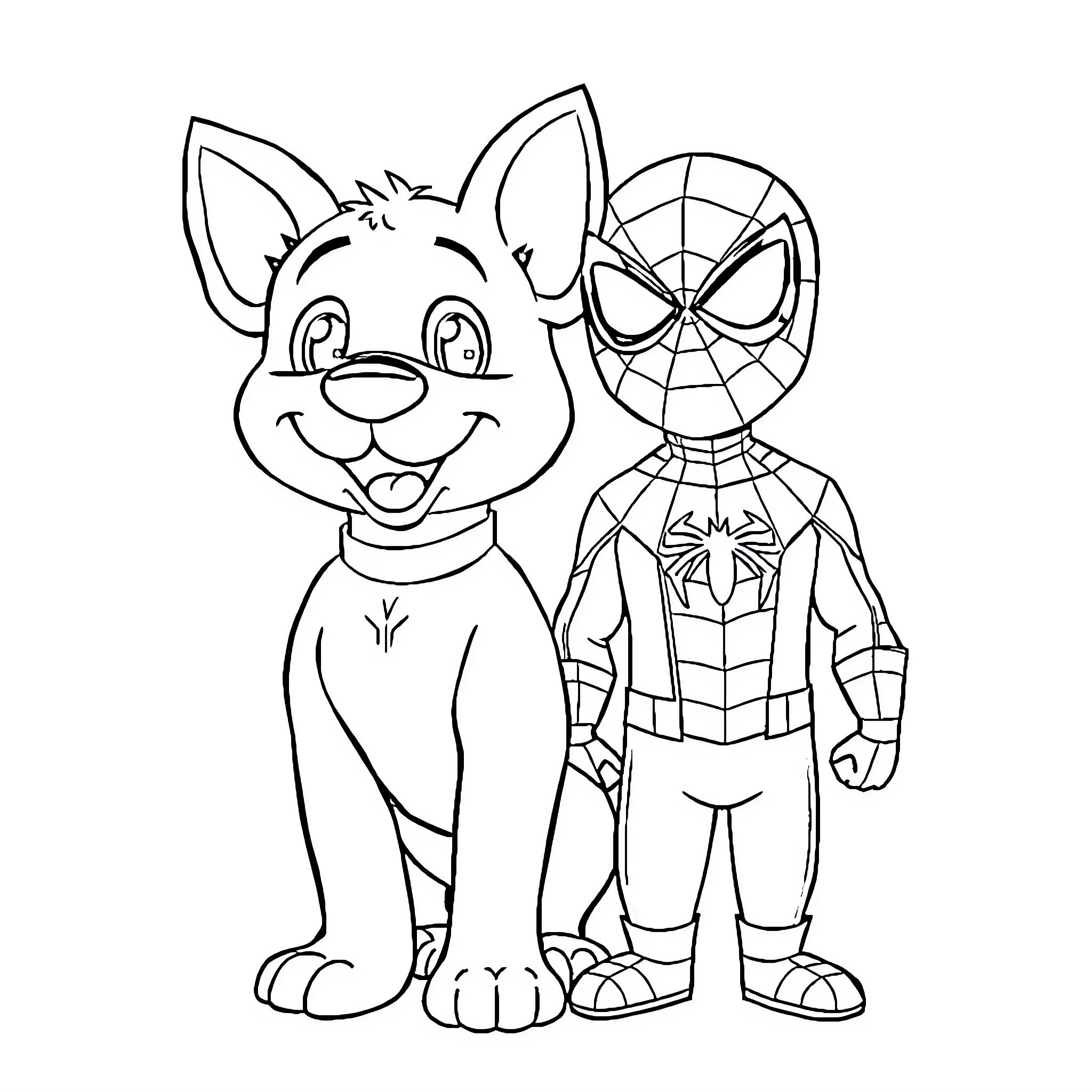 Bluey and Spiderman Playing Together Coloring Page (free black-and-white line drawing printable PDF for all, from beginners to advanced learners, including children, teens, adults, and seniors)
