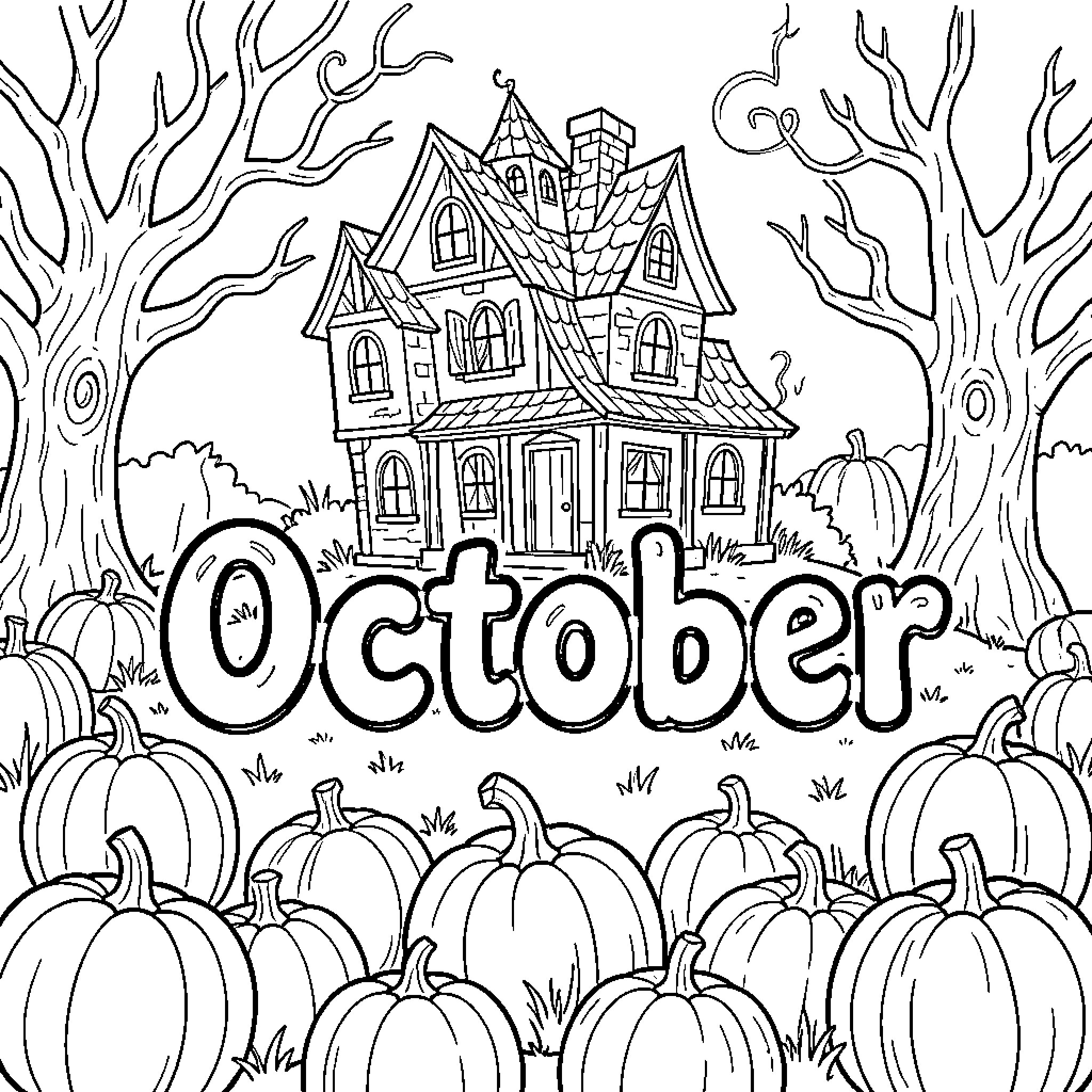 October scene with a spooky house and pumpkins Coloring Page (free black-and-white line drawing printable PDF for all, from beginners to advanced learners, including children, teens, adults, and seniors)