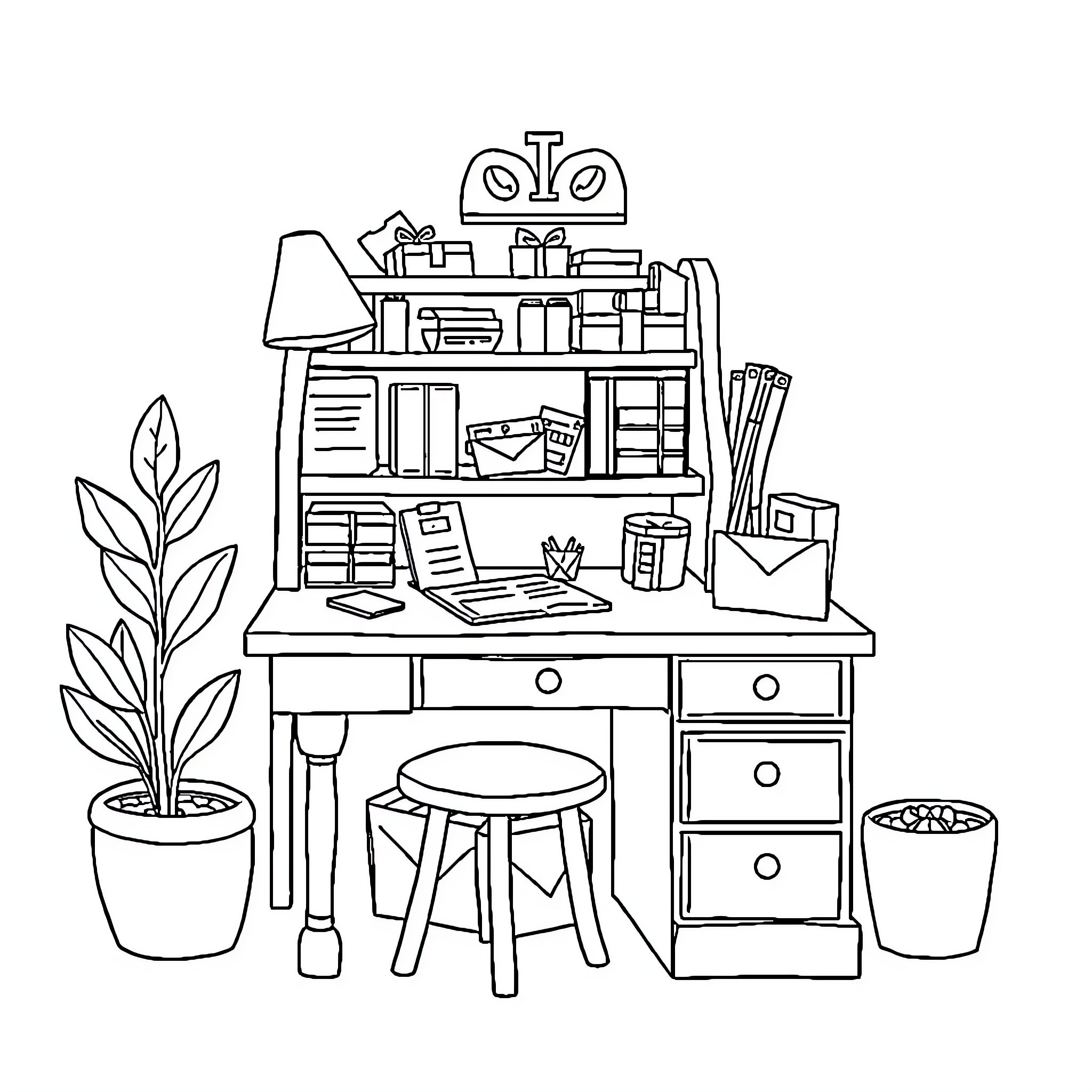Bureau de Poste with Organized Office Supplies Coloring Page (free black-and-white line drawing printable PDF for all, from beginners to advanced learners, including children, teens, adults, and seniors)