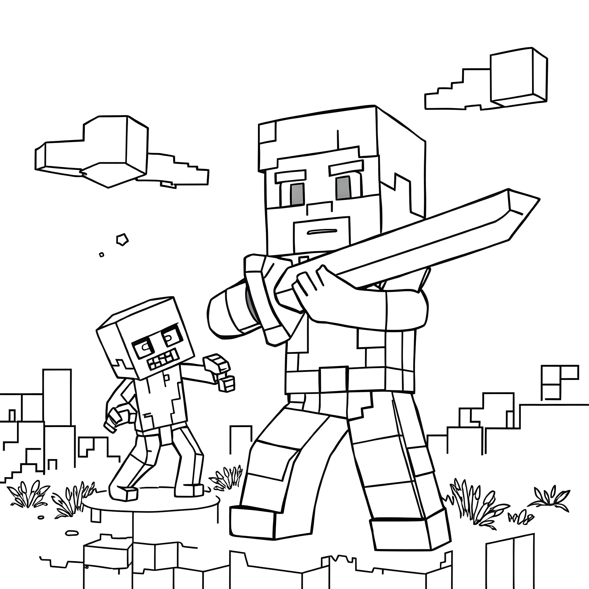 Steve's Minecraft Adventure with Blocky Companions Coloring Page (free black-and-white line drawing printable PDF for all, from beginners to advanced learners, including children, teens, adults, and seniors)