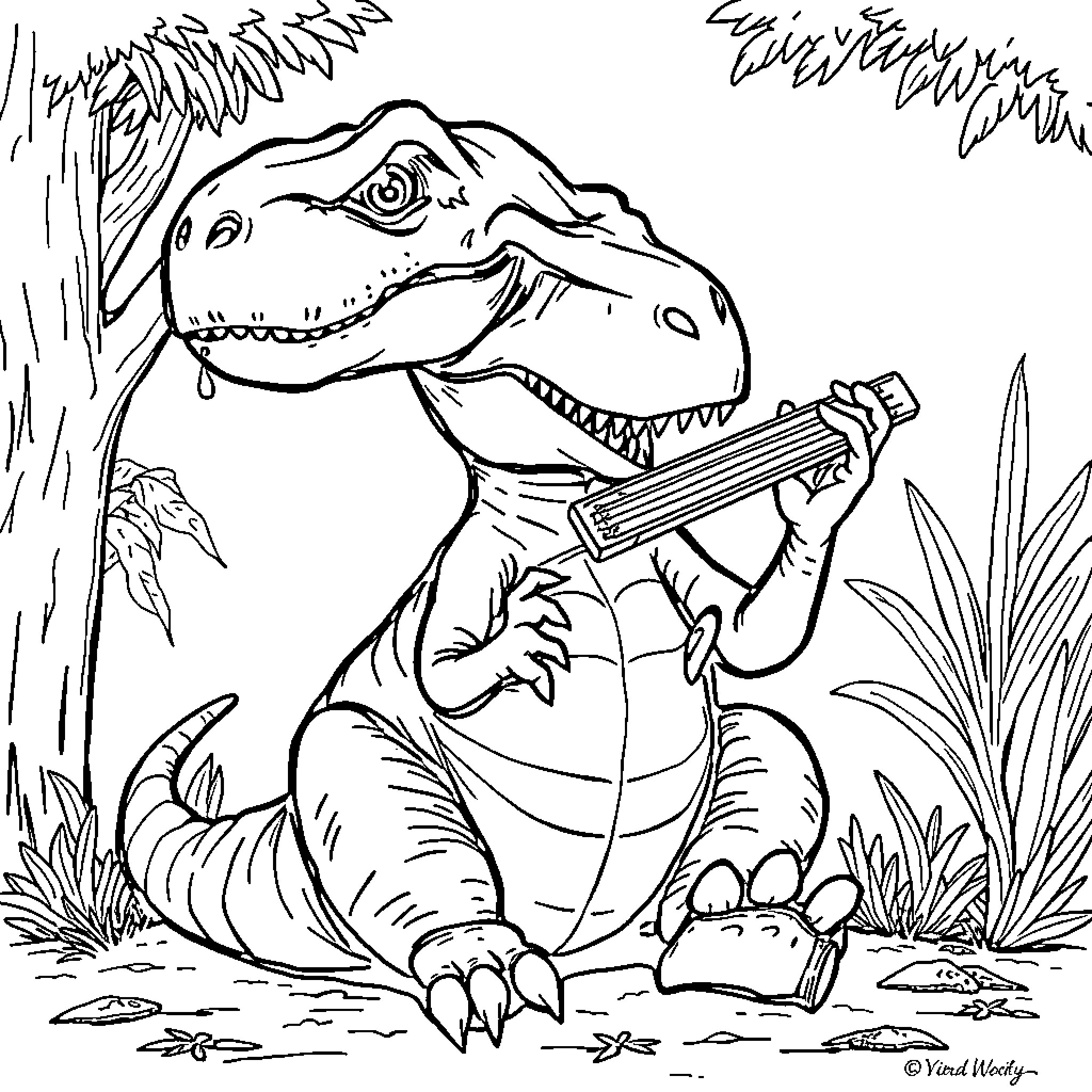 T-Rex playing with a wrench in the jungle Coloring Page (free black-and-white line drawing printable PDF for all, from beginners to advanced learners, including children, teens, adults, and seniors)
