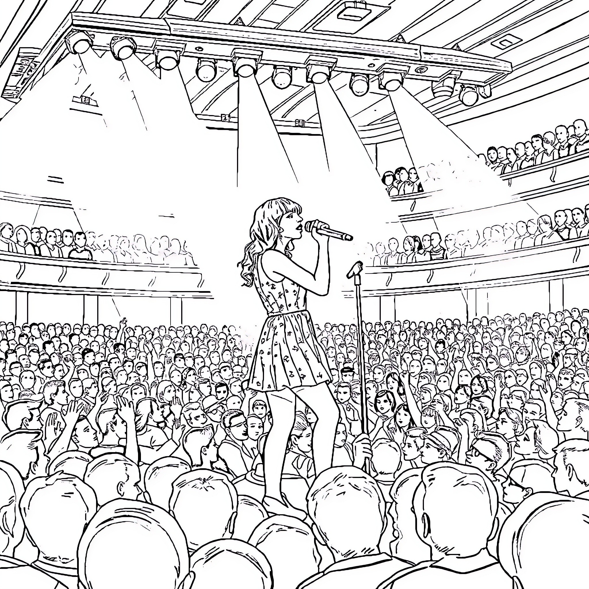 Taylor Swift performing on stage for a cheering crowd Coloring Page (free black-and-white line drawing printable PDF for all, from beginners to advanced learners, including children, teens, adults, and seniors)