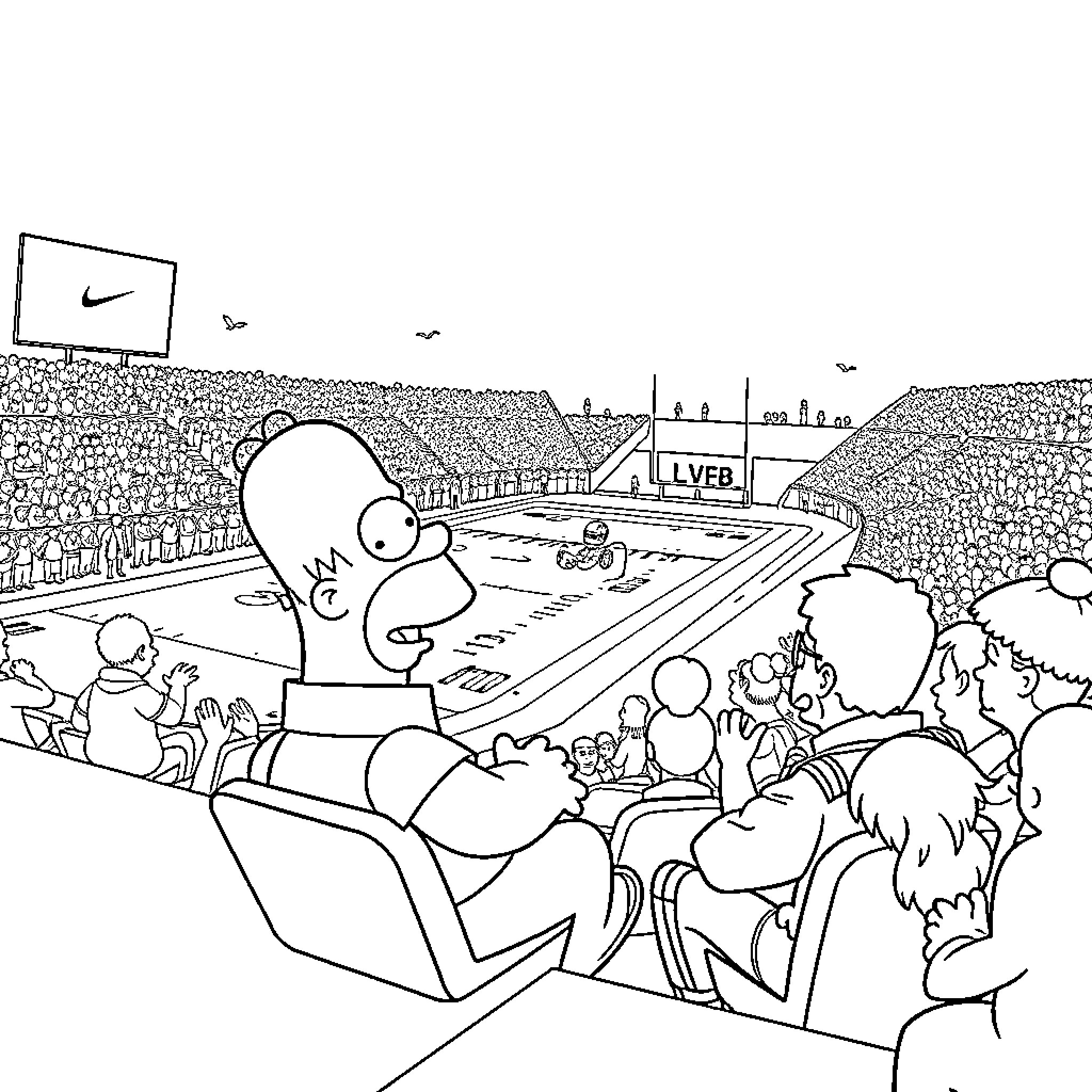 Homer Simpson enjoying a sports event in a crowded stadium Coloring Page (free black-and-white line drawing printable PDF for all, from beginners to advanced learners, including children, teens, adults, and seniors)