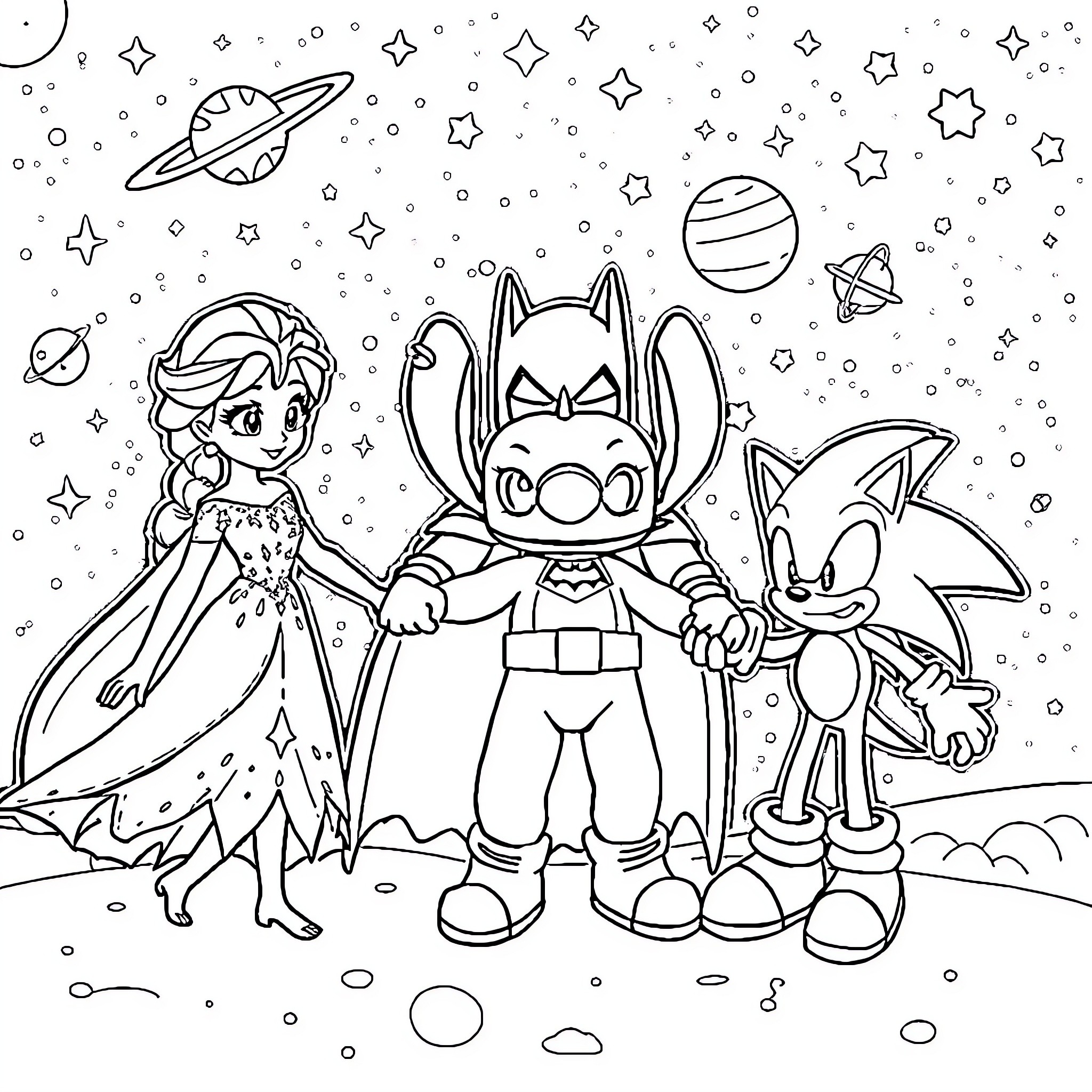 Character Costumes in Outer Space Coloring Page (free black-and-white line drawing printable PDF for all, from beginners to advanced learners, including children, teens, adults, and seniors)