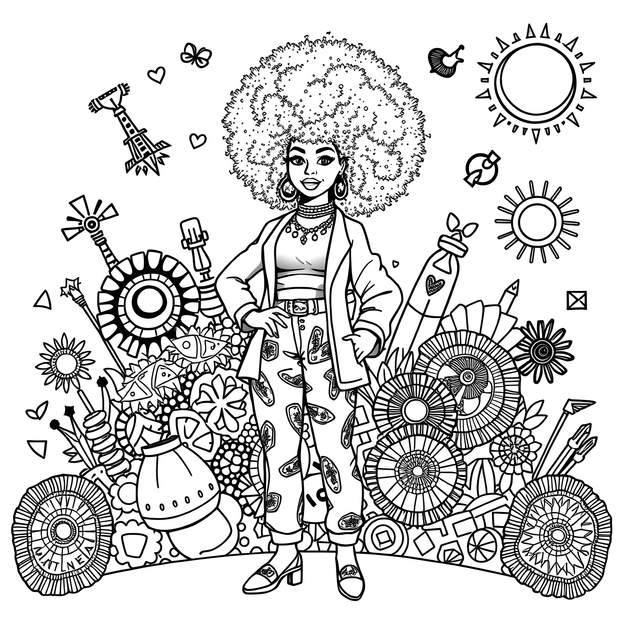 Woman in a playful, whimsical scene with floral elements Coloring Page (free black-and-white line drawing printable PDF for all, from beginners to advanced learners, including children, teens, adults, and seniors)