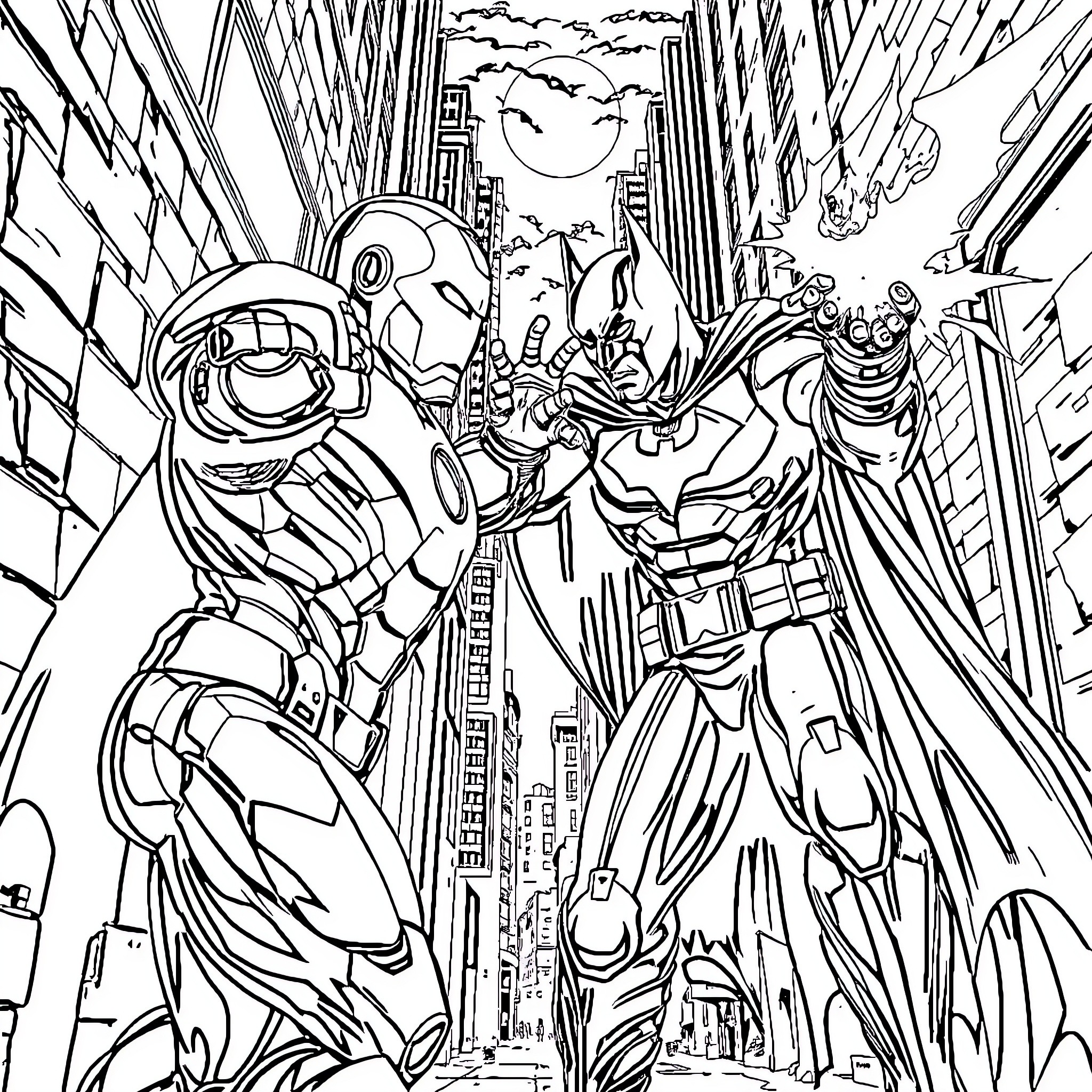 Ironman in Epic Battle Against Cityscape Foes Coloring Page (free black-and-white line drawing printable PDF for all, from beginners to advanced learners, including children, teens, adults, and seniors)