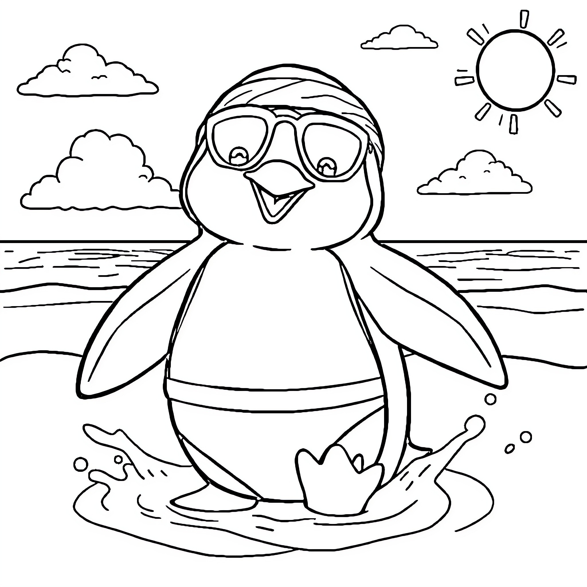 Penguin enjoying a sunny day at the beach Coloring Page (free black-and-white line drawing printable PDF for all, from beginners to advanced learners, including children, teens, adults, and seniors)