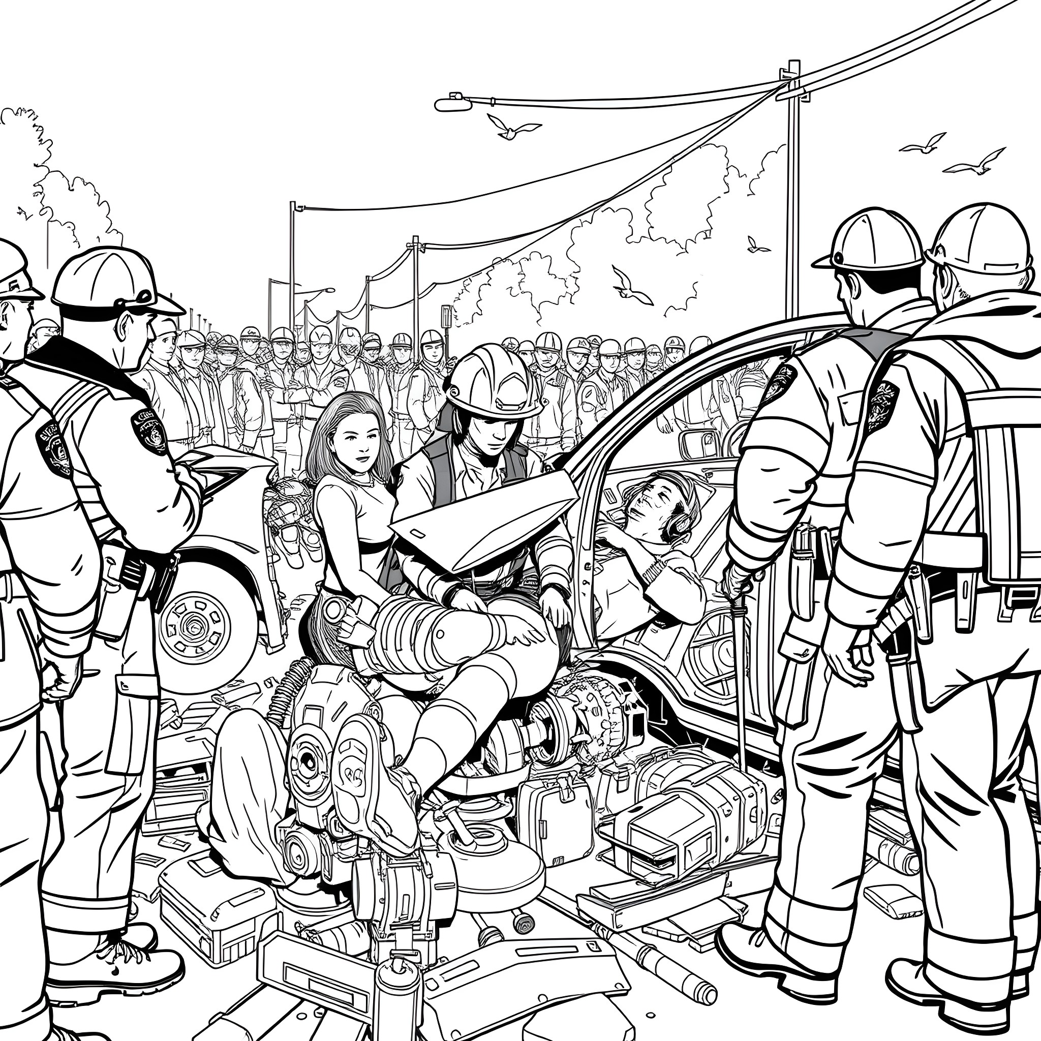 Car accident scene with injured people and emergency responders Coloring Page (free black-and-white line drawing printable PDF for all, from beginners to advanced learners, including children, teens, adults, and seniors)