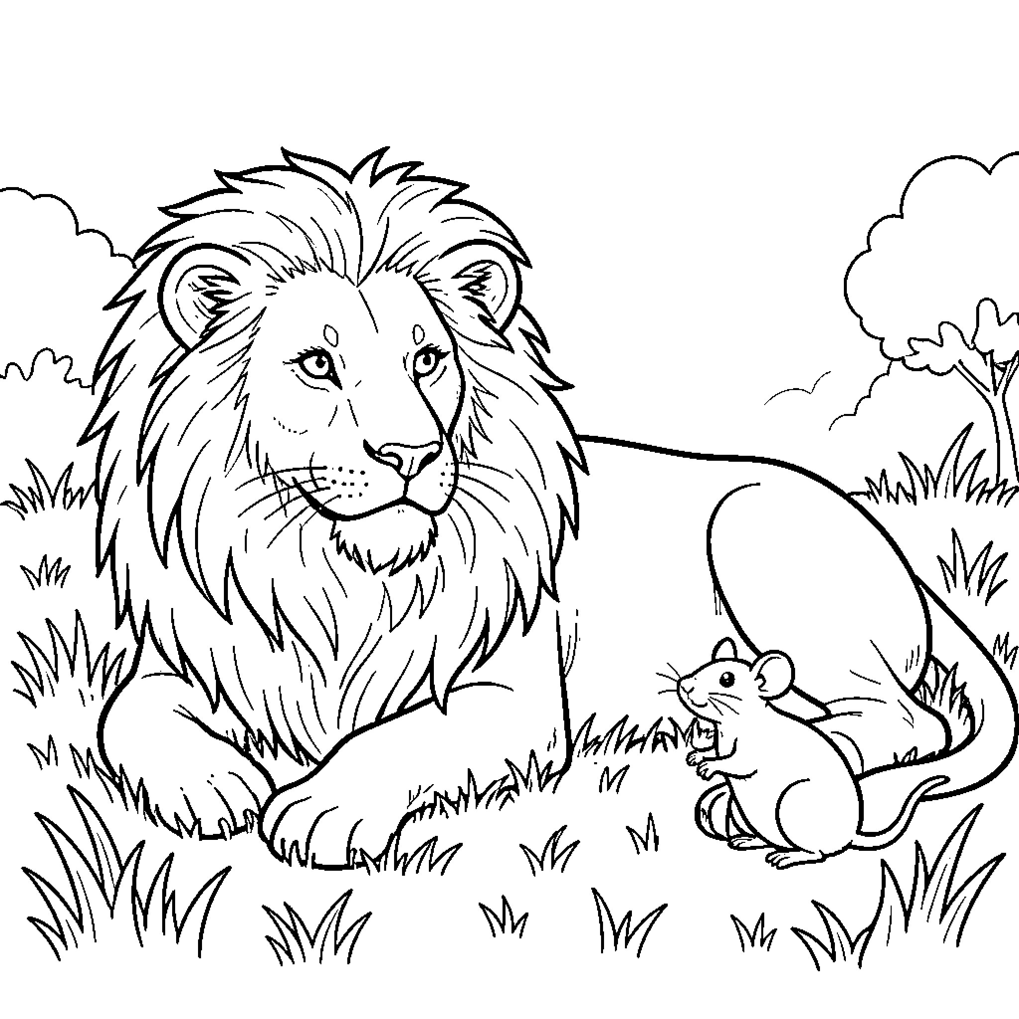 Lion and Mouse in Lush Jungle Landscape Coloring Page (free black-and-white line drawing printable PDF for all, from beginners to advanced learners, including children, teens, adults, and seniors)