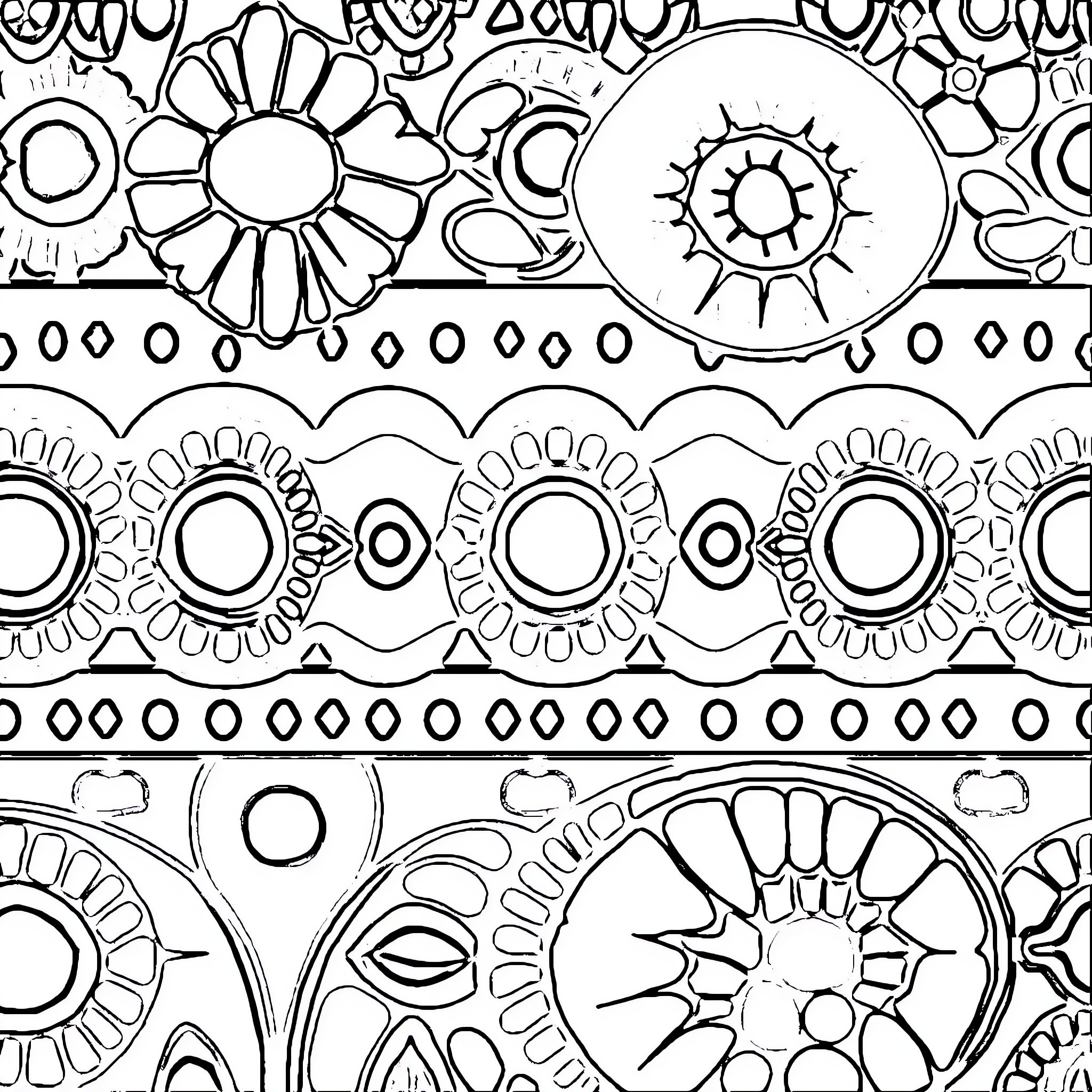 African Pattern of Intricate Floral Designs Coloring Page (free black-and-white line drawing printable PDF for all, from beginners to advanced learners, including children, teens, adults, and seniors)