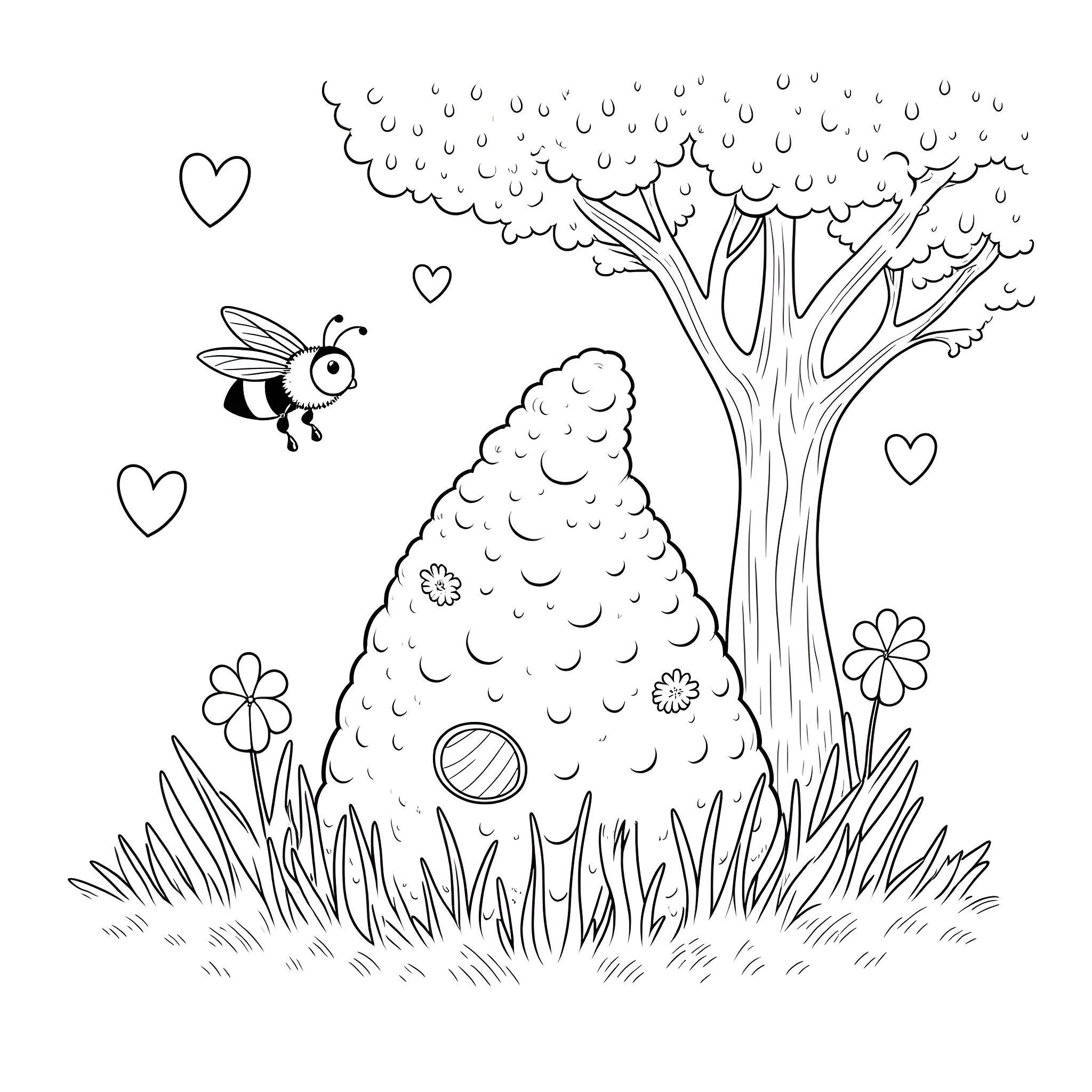Bumblebee flying around a cozy beehive in the park Coloring Page (free black-and-white line drawing printable PDF for all, from beginners to advanced learners, including children, teens, adults, and seniors)