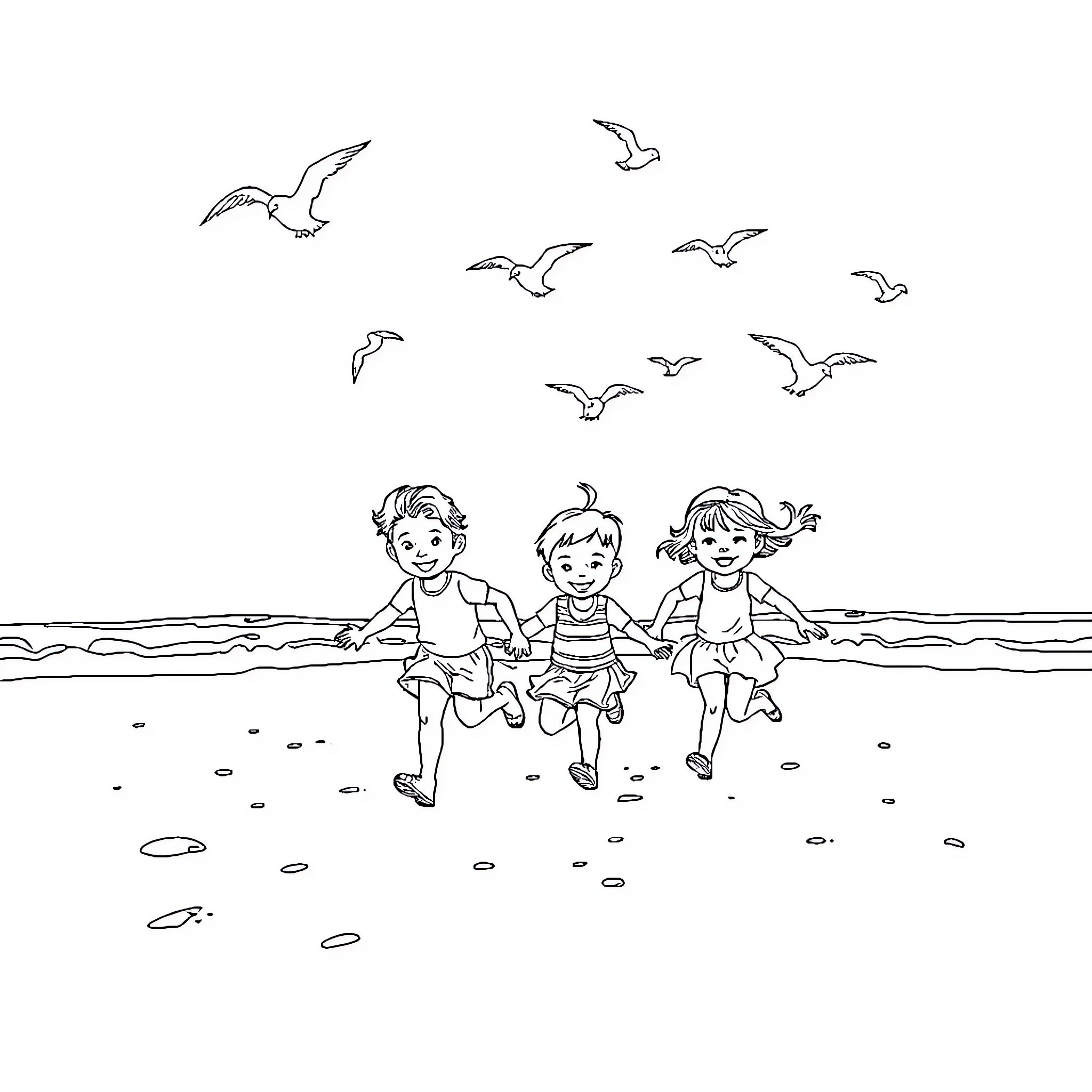 Children playing joyfully on the beach Coloring Page (free black-and-white line drawing printable PDF for all, from beginners to advanced learners, including children, teens, adults, and seniors)