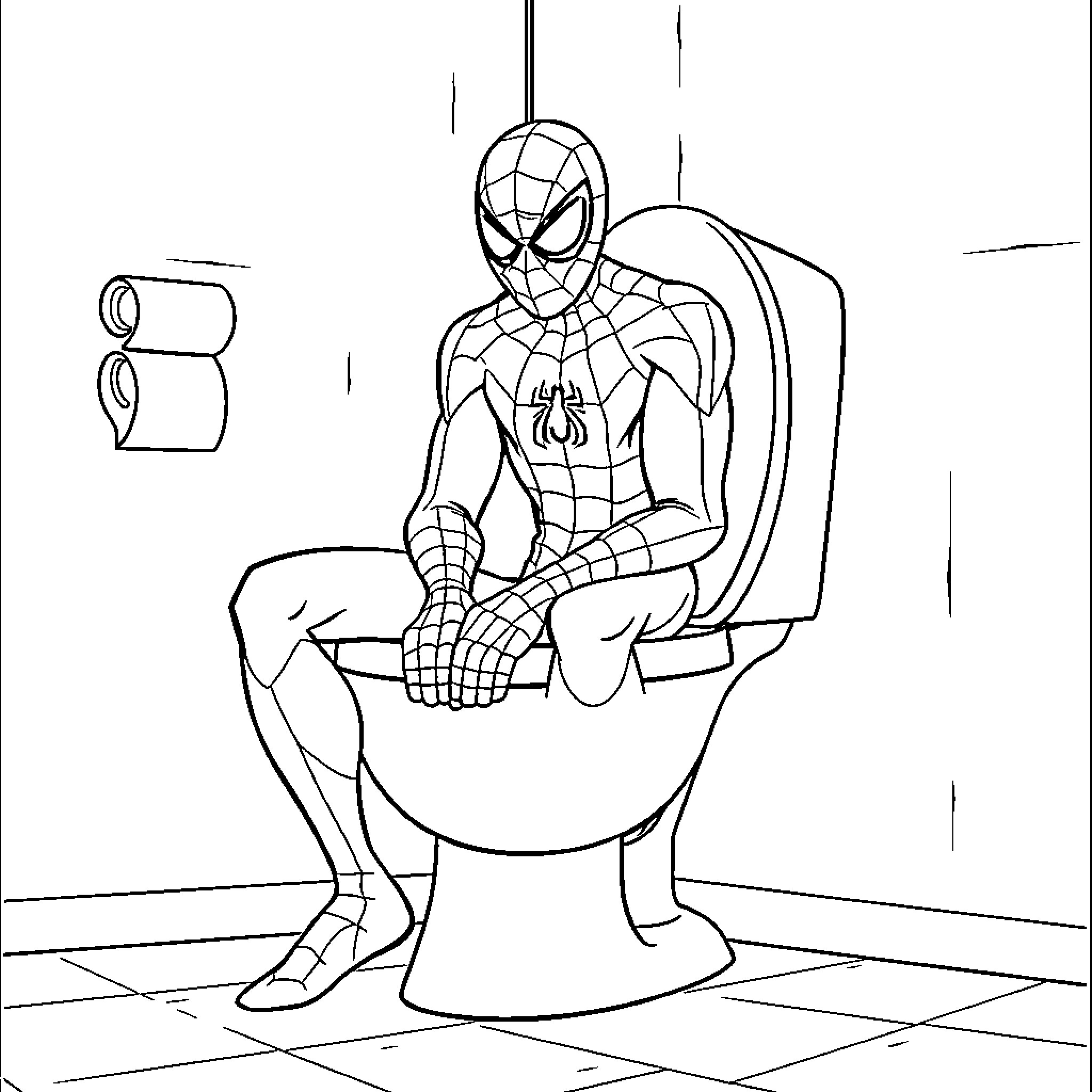Spiderman sitting on the toilet Coloring Page (free black-and-white line drawing printable PDF for all, from beginners to advanced learners, including children, teens, adults, and seniors)