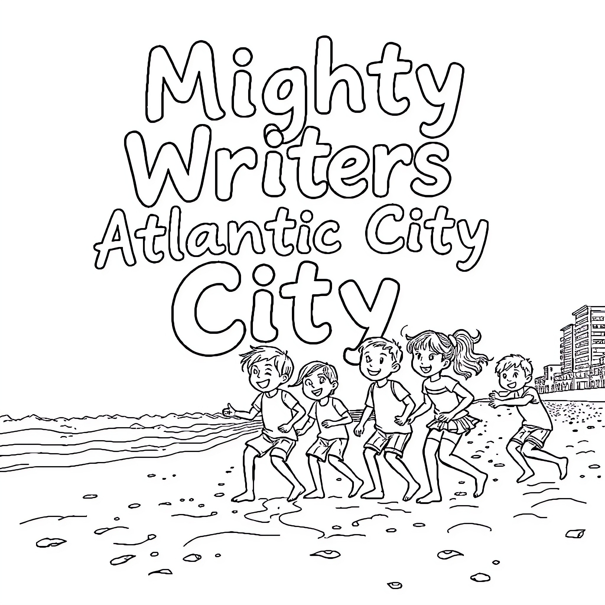 Kid writers having fun at the beach Coloring Page (free black-and-white line drawing printable PDF for all, from beginners to advanced learners, including children, teens, adults, and seniors)