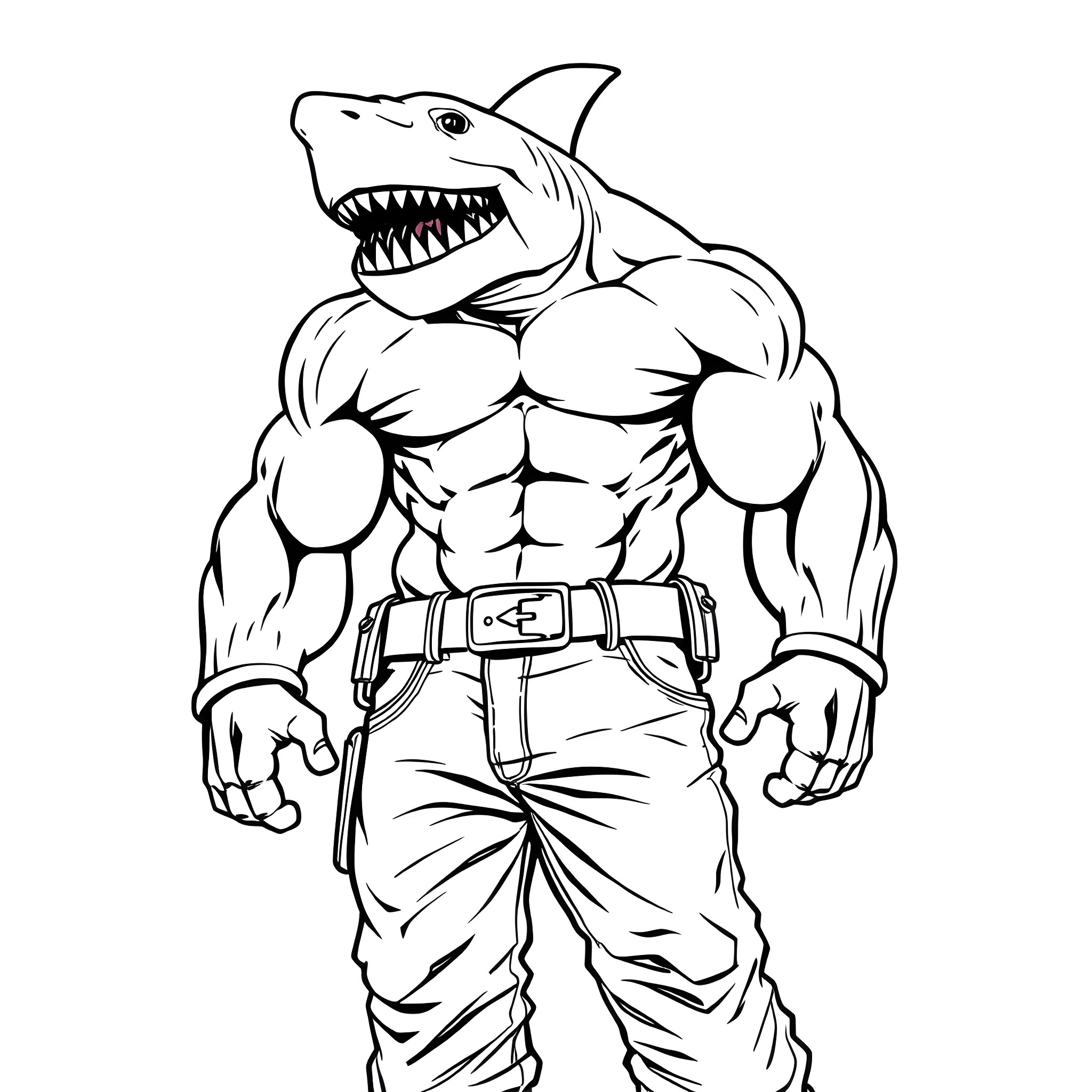 Shark-like muscular fighter in pants Coloring Page (free black-and-white line drawing printable PDF for all, from beginners to advanced learners, including children, teens, adults, and seniors)