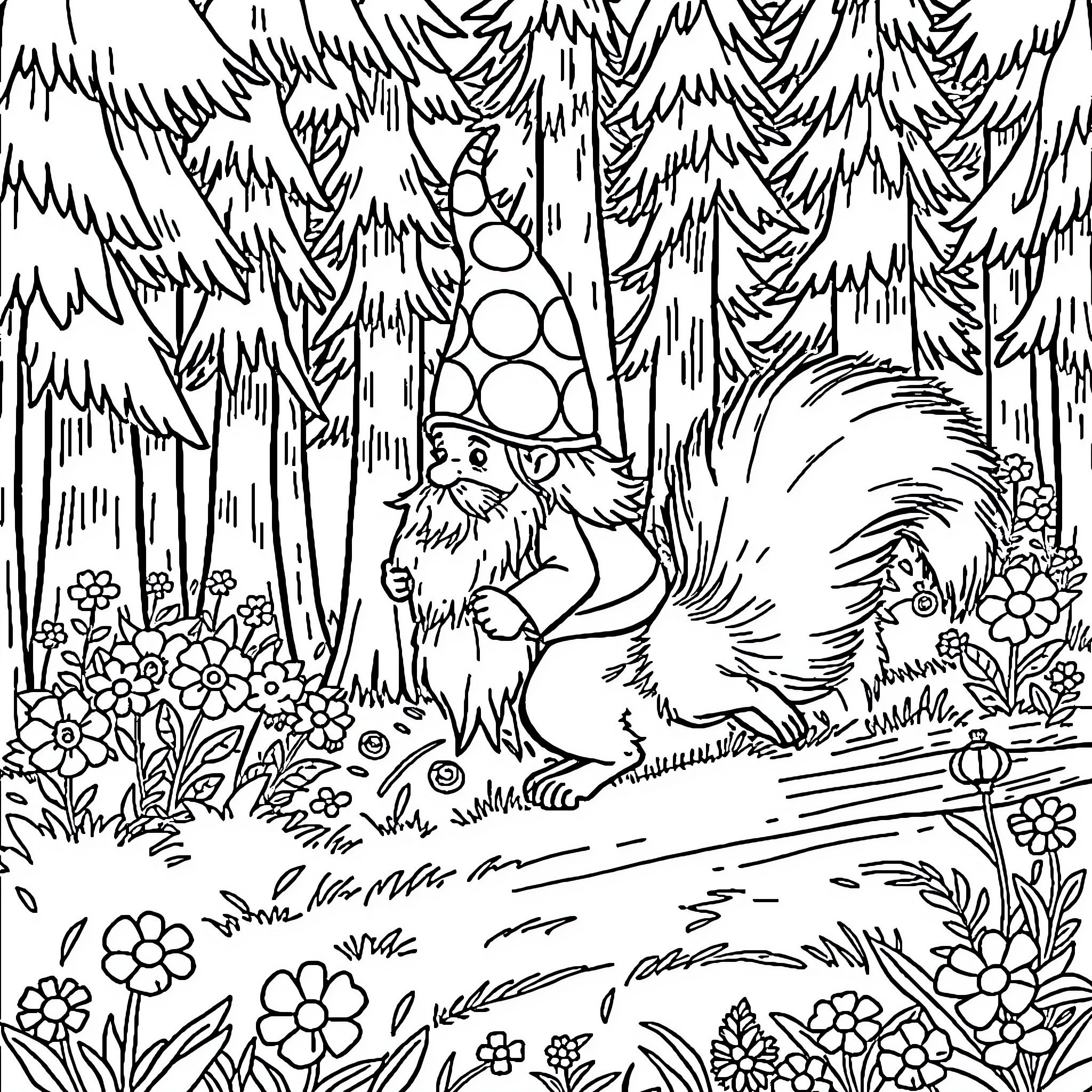 Gnome exploring the enchanted forest Coloring Page (free black-and-white line drawing printable PDF for all, from beginners to advanced learners, including children, teens, adults, and seniors)