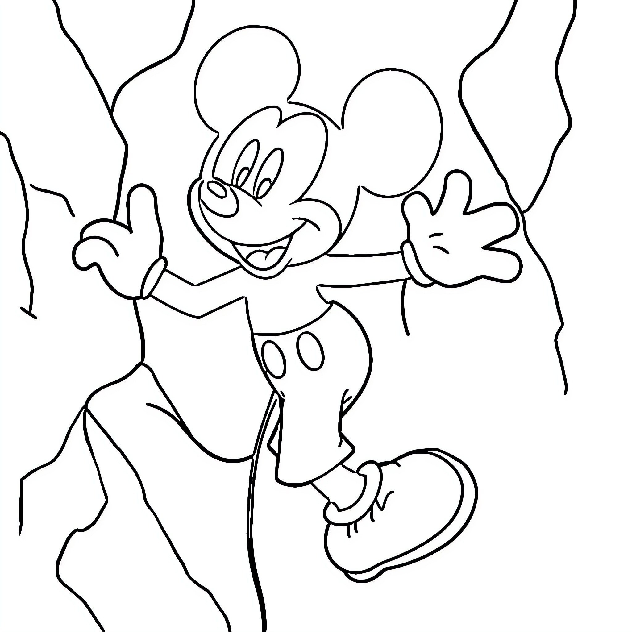 Mickey Mouse Striking a Playful Pose Coloring Page (free black-and-white line drawing printable PDF for all, from beginners to advanced learners, including children, teens, adults, and seniors)