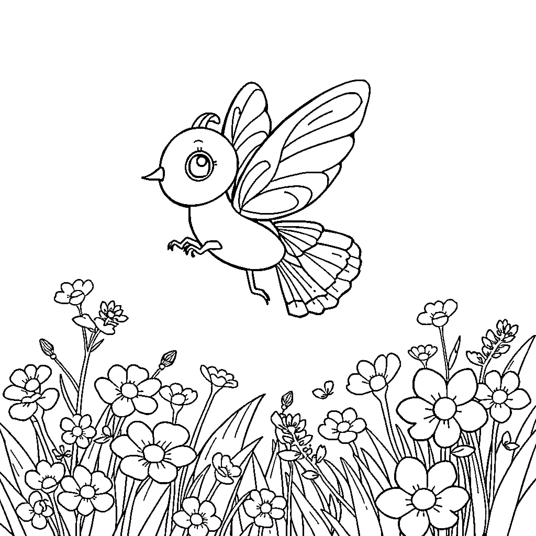 Bee exploring a floral garden Coloring Page (free black-and-white line drawing printable PDF for all, from beginners to advanced learners, including children, teens, adults, and seniors)