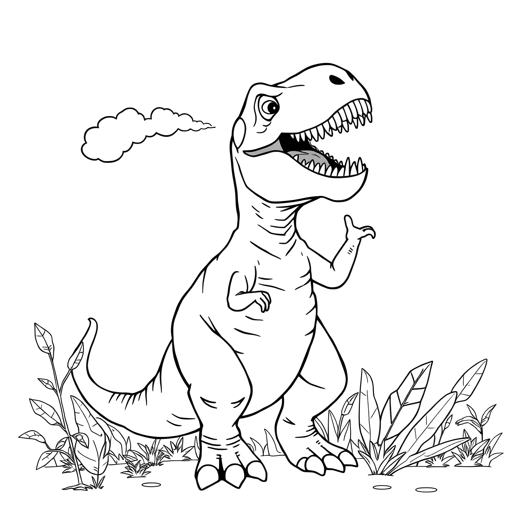 T-Rex Stomping Triumphantly in the Jungle Coloring Page (free black-and-white line drawing printable PDF for all, from beginners to advanced learners, including children, teens, adults, and seniors)