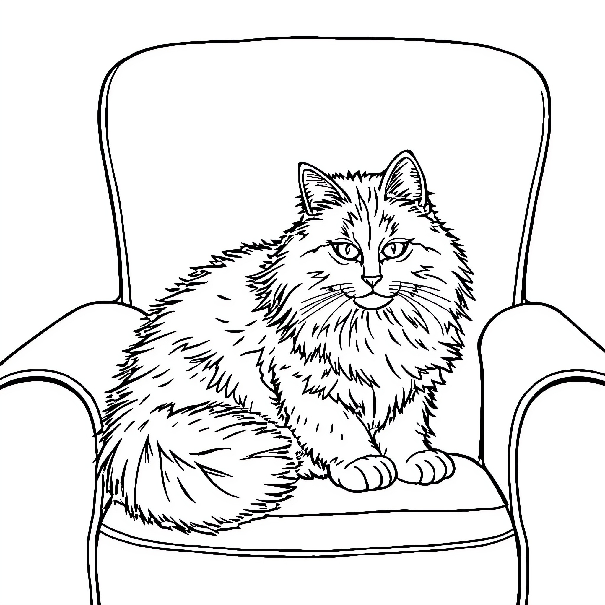 Ragdoll Cat relaxing comfortably on an armchair Coloring Page (free black-and-white line drawing printable PDF for all, from beginners to advanced learners, including children, teens, adults, and seniors)