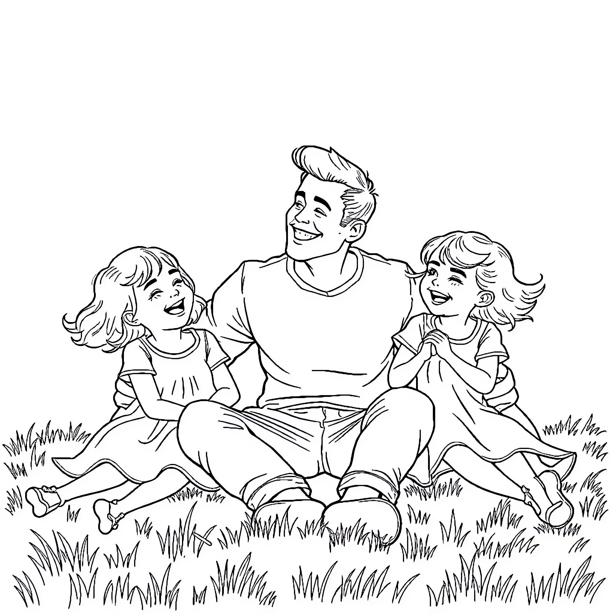 Daddy enjoying quality time with his kids in the park Coloring Page (free black-and-white line drawing printable PDF for all, from beginners to advanced learners, including children, teens, adults, and seniors)