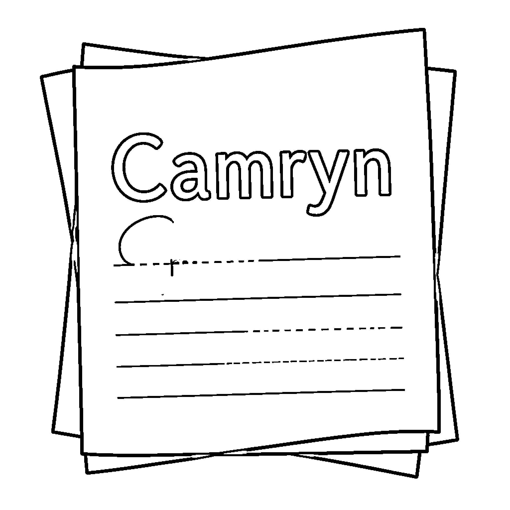 Camryn practicing name writing on lined paper Coloring Page (free black-and-white line drawing printable PDF for all, from beginners to advanced learners, including children, teens, adults, and seniors)