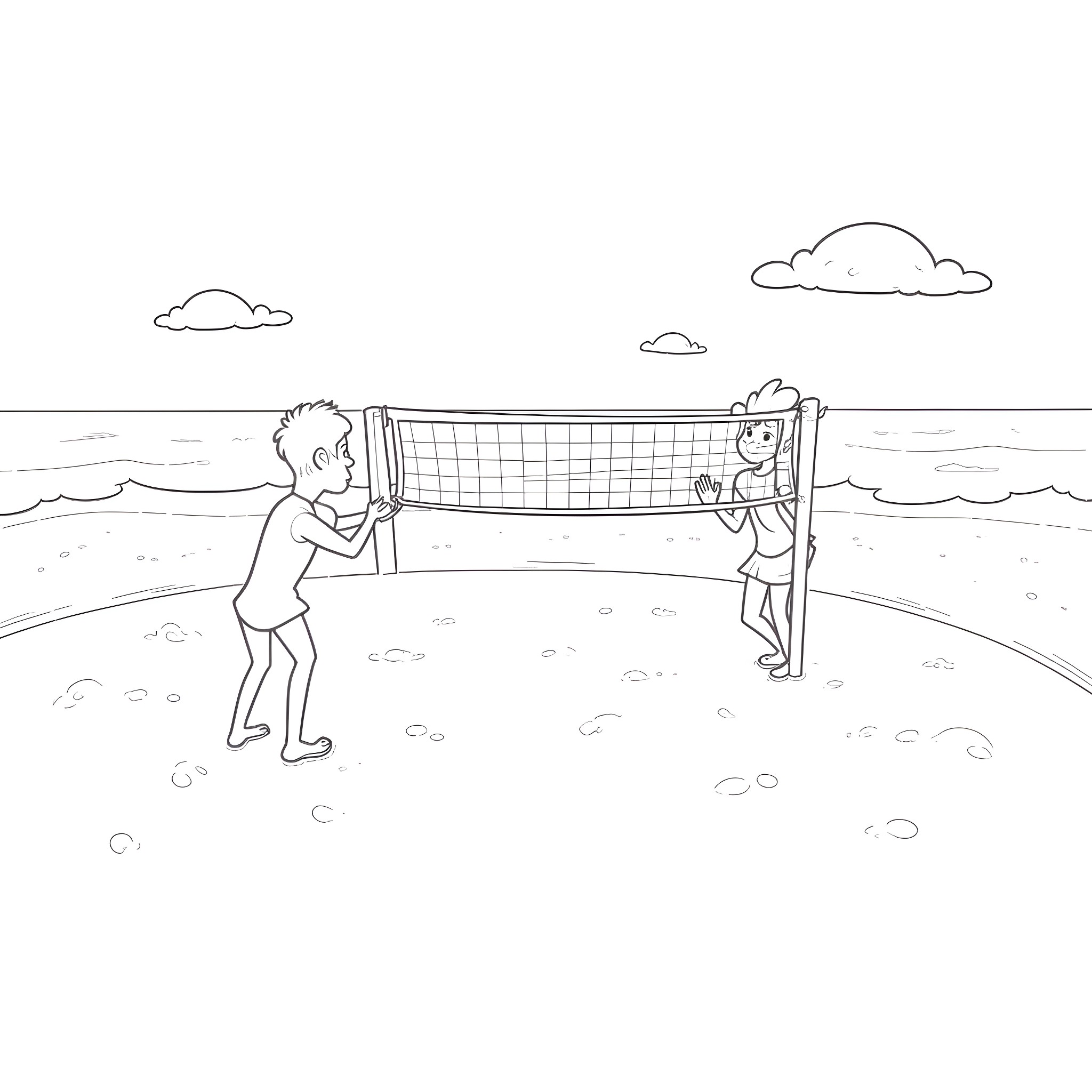 Volleyball game on the beach Coloring Page (free black-and-white line drawing printable PDF for all, from beginners to advanced learners, including children, teens, adults, and seniors)