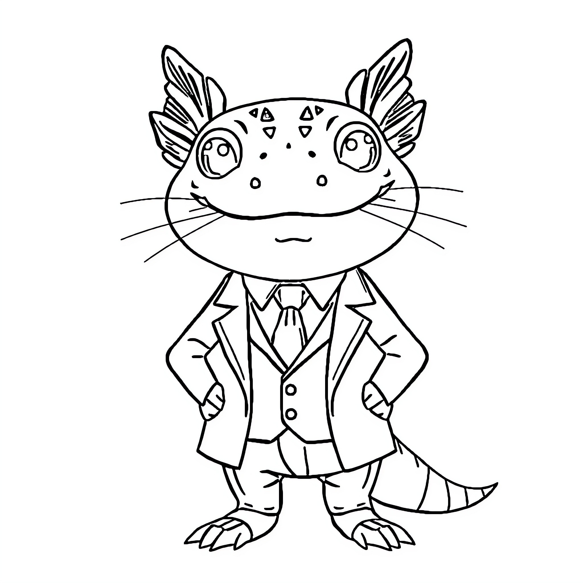 Axolotl dressed in a suit Coloring Page (free black-and-white line drawing printable PDF for all, from beginners to advanced learners, including children, teens, adults, and seniors)