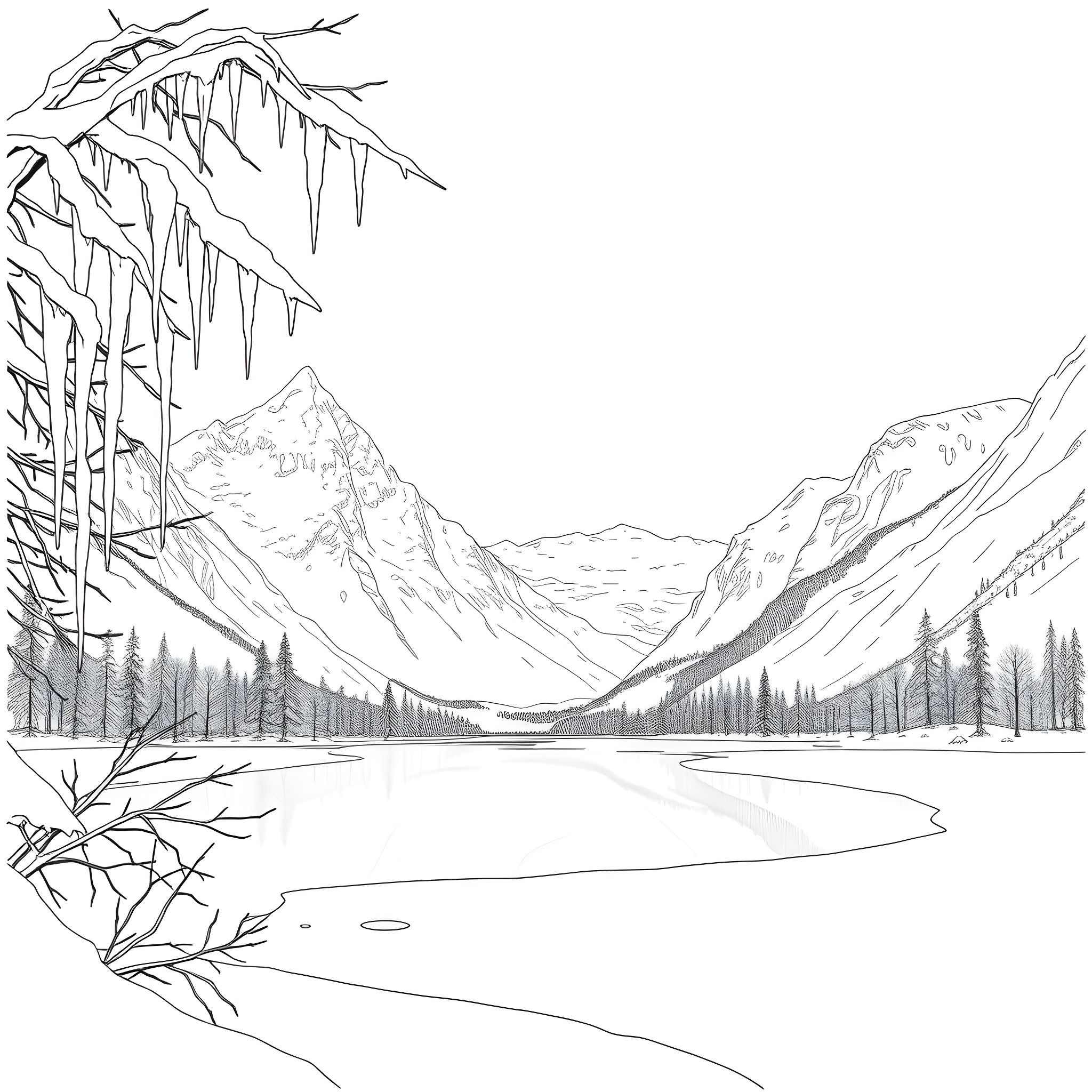 Frozen Landscape with Snowy Mountains and Icy Lake Coloring Page (free black-and-white line drawing printable PDF for all, from beginners to advanced learners, including children, teens, adults, and seniors)