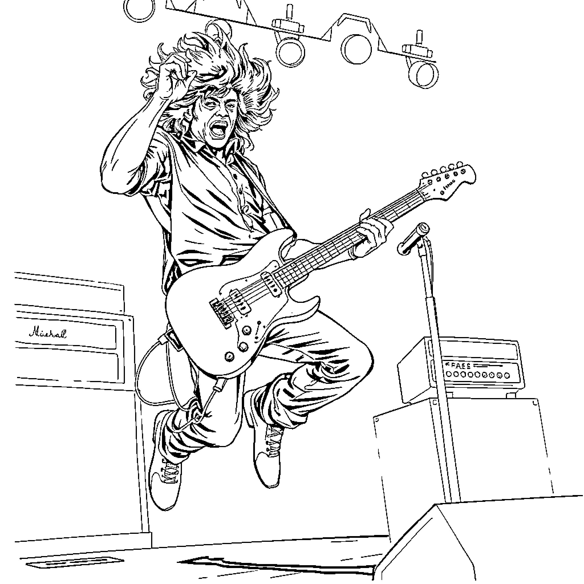 Michael's Energetic Rock Concert Performance Coloring Page (free black-and-white line drawing printable PDF for all, from beginners to advanced learners, including children, teens, adults, and seniors)
