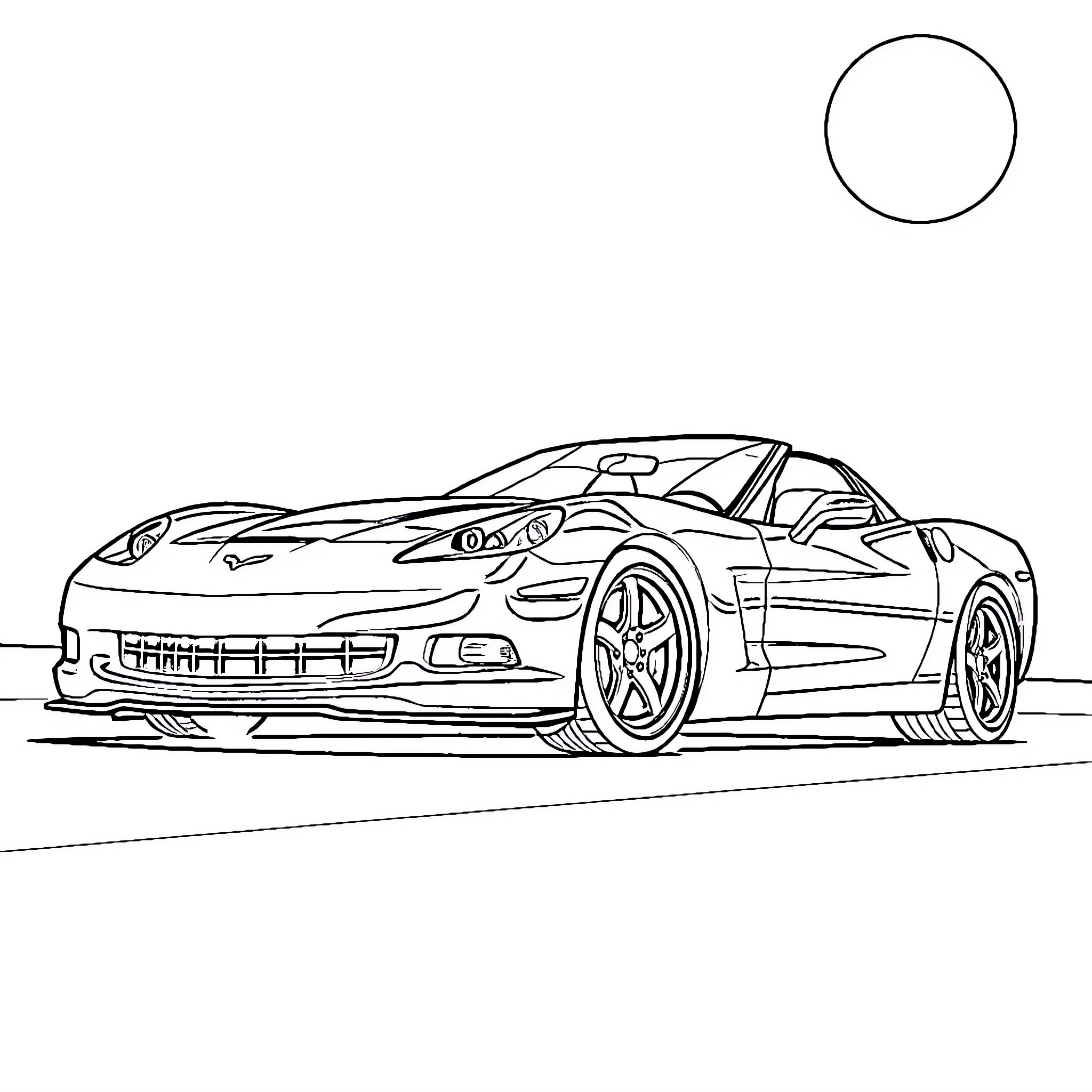Corvette sports car on the road Coloring Page (free black-and-white line drawing printable PDF for all, from beginners to advanced learners, including children, teens, adults, and seniors)