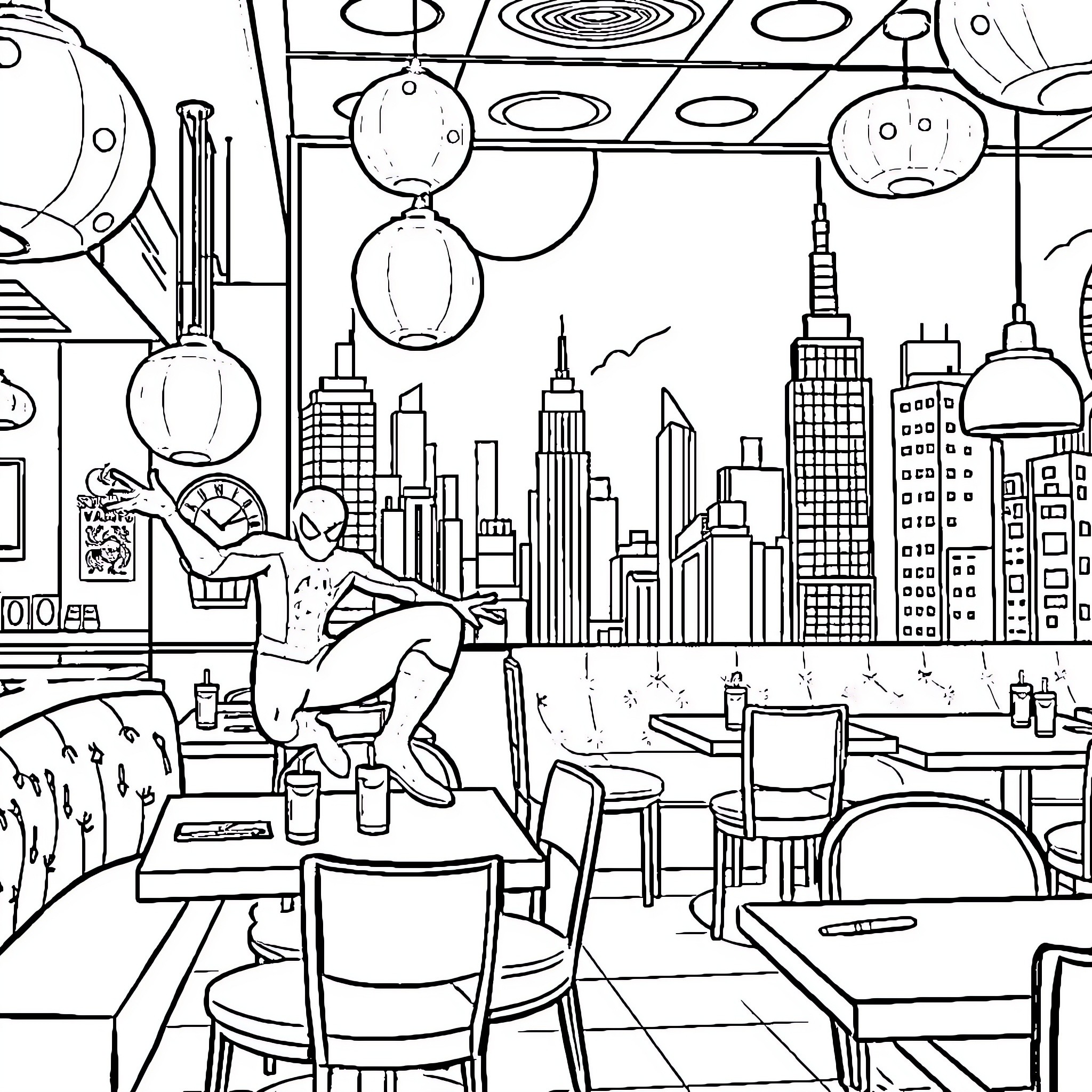 Spider-Man enjoying coffee in a bustling city cafe Coloring Page (free black-and-white line drawing printable PDF for all, from beginners to advanced learners, including children, teens, adults, and seniors)