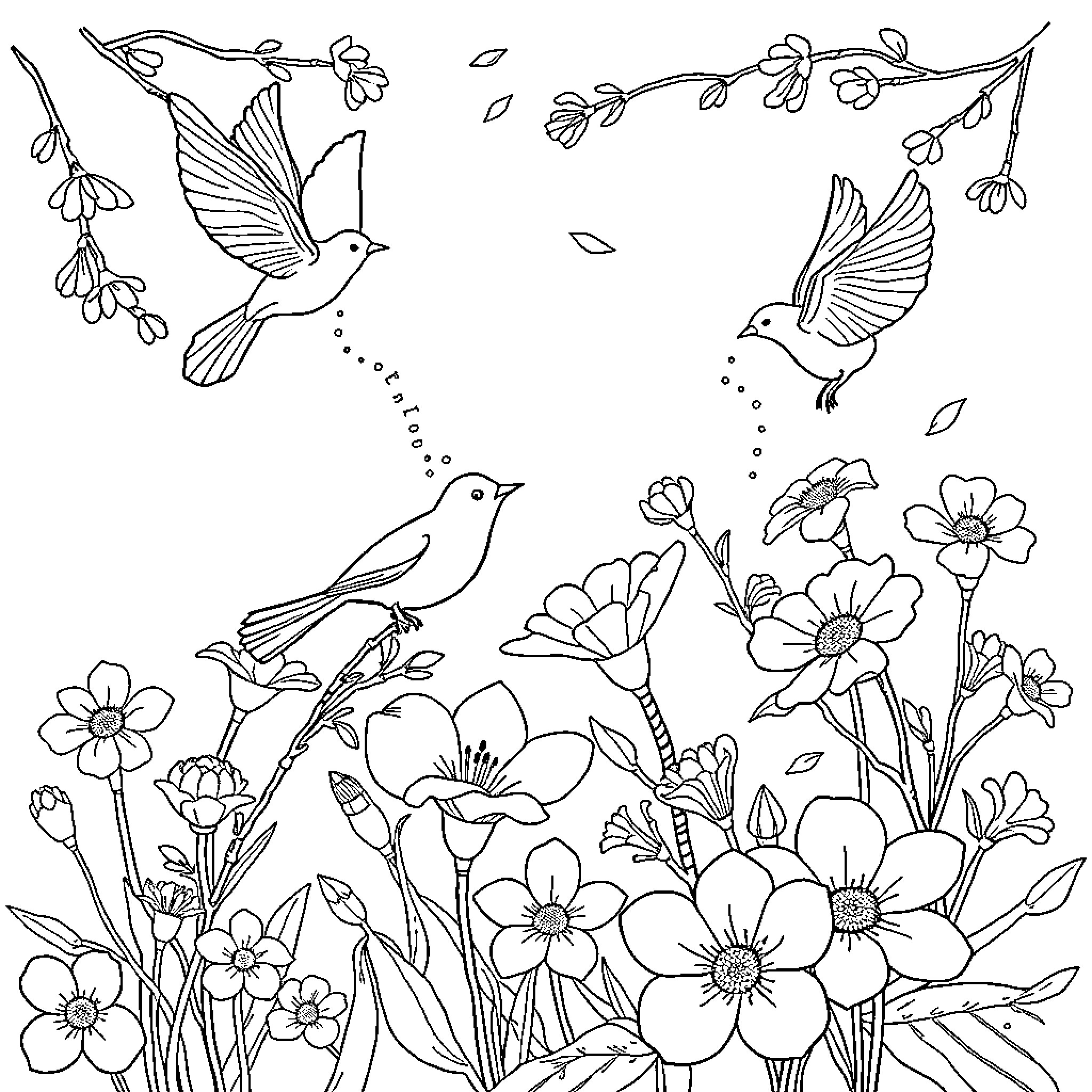 Nature's Graceful Avian Dance Coloring Page (free black-and-white line drawing printable PDF for all, from beginners to advanced learners, including children, teens, adults, and seniors)