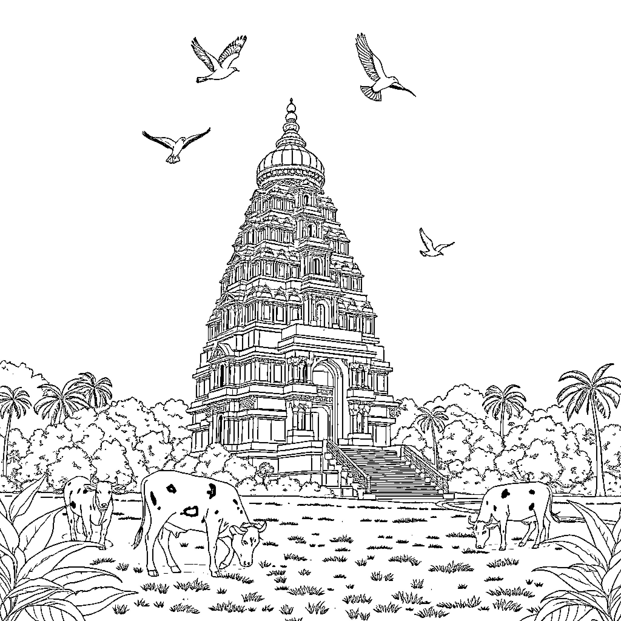 Temple of ornate architecture with wildlife Coloring Page (free black-and-white line drawing printable PDF for all, from beginners to advanced learners, including children, teens, adults, and seniors)