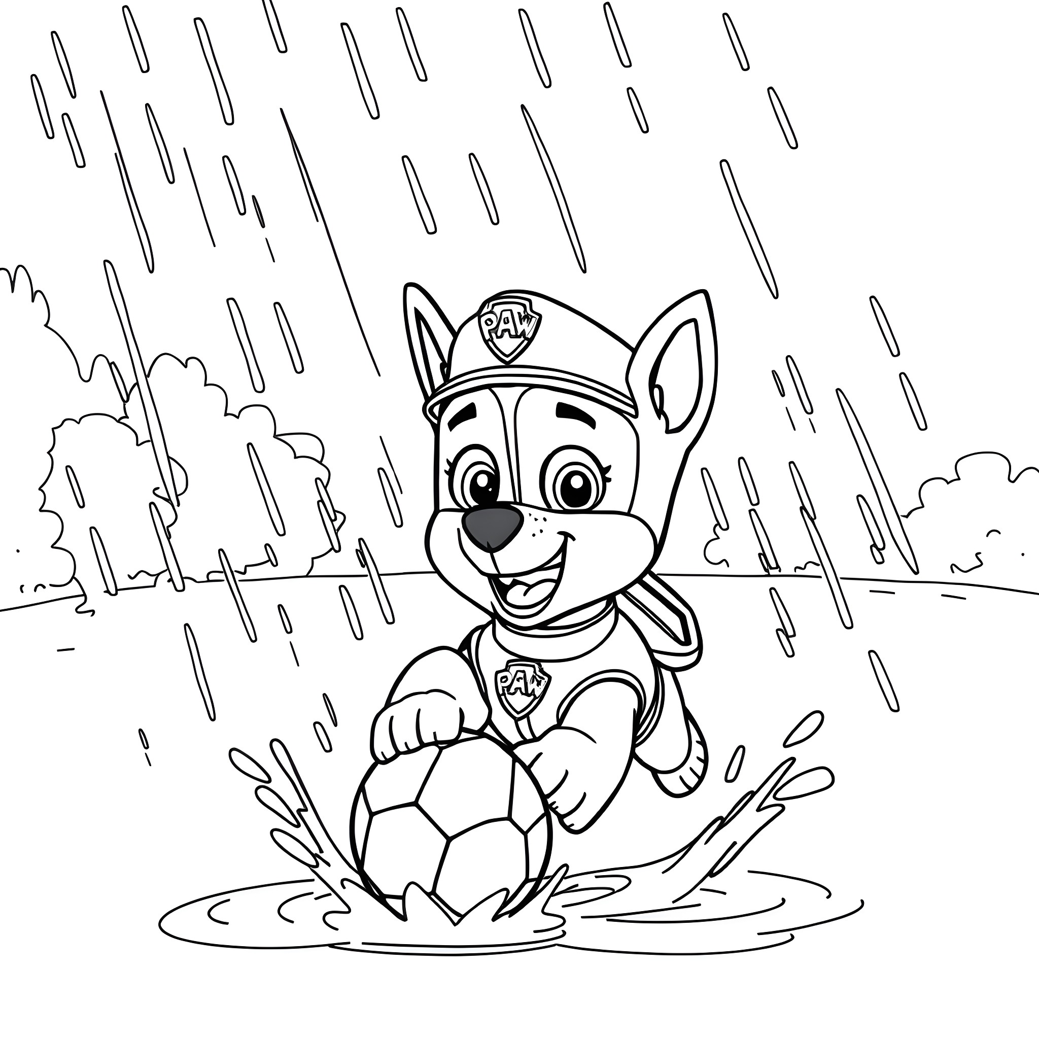 Chase the pup playing with soccer ball in the rain Coloring Page (free black-and-white line drawing printable PDF for all, from beginners to advanced learners, including children, teens, adults, and seniors)