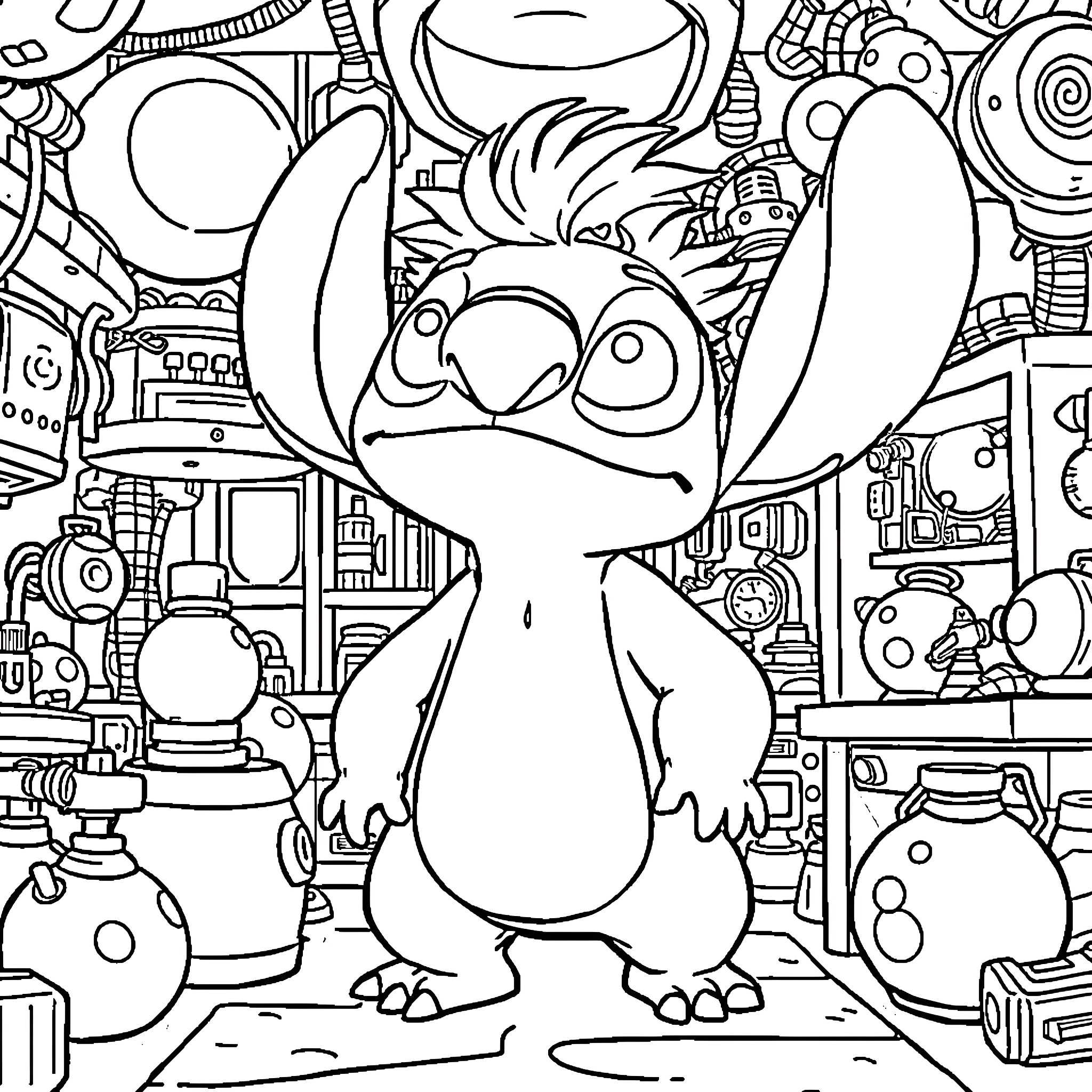 Jumba's Whimsical Workshop Coloring Page (free black-and-white line drawing printable PDF for all, from beginners to advanced learners, including children, teens, adults, and seniors)