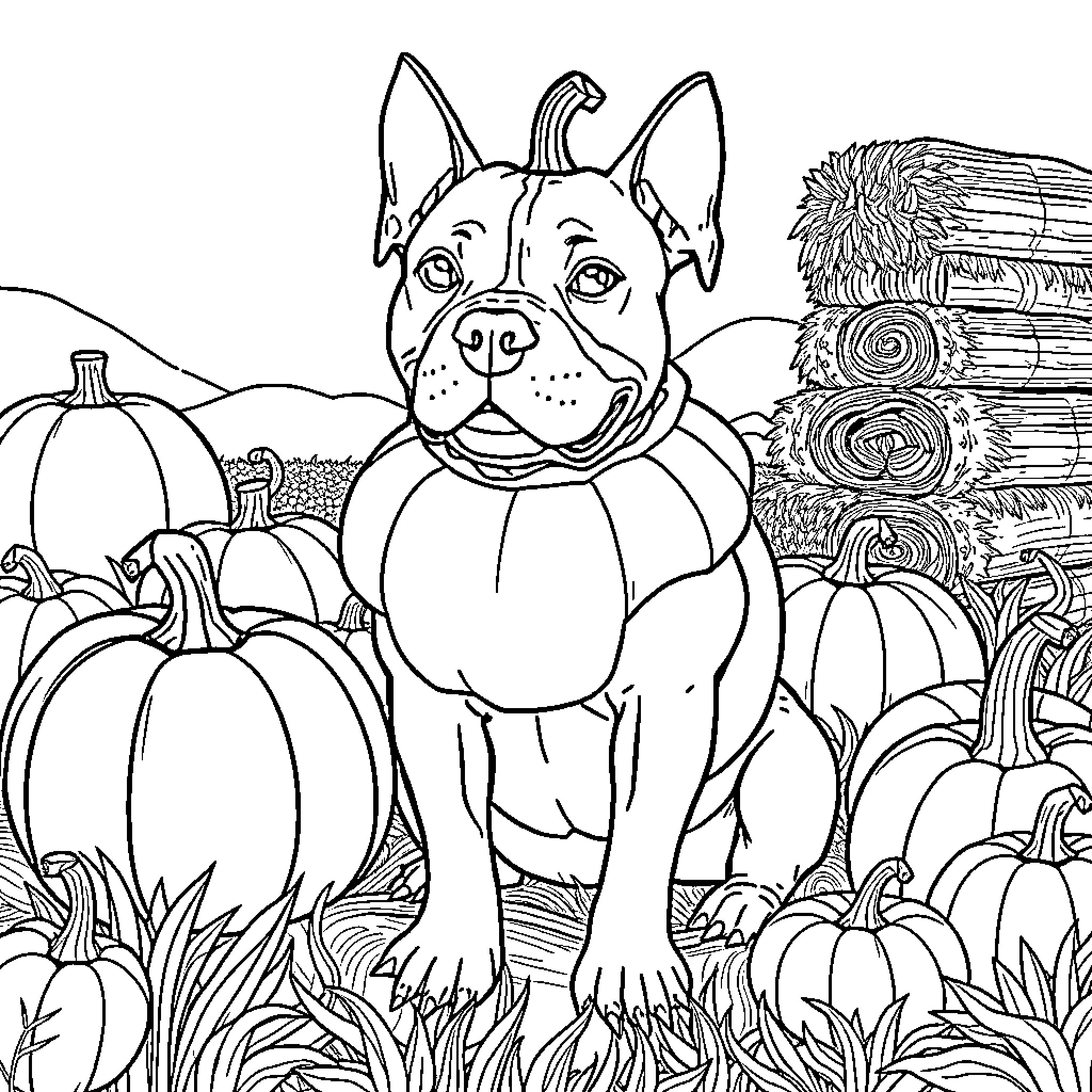 Pitbull exploring a pumpkin patch Coloring Page (free black-and-white line drawing printable PDF for all, from beginners to advanced learners, including children, teens, adults, and seniors)