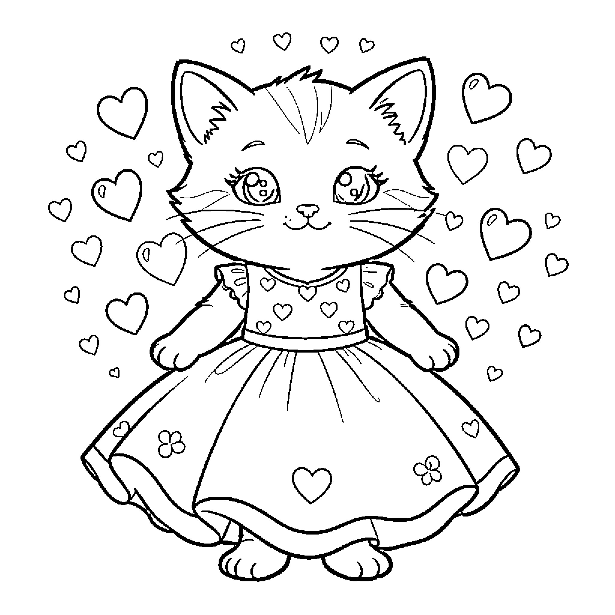 Chaton in a heart-patterned dress surrounded by hearts Coloring Page (free black-and-white line drawing printable PDF for all, from beginners to advanced learners, including children, teens, adults, and seniors)