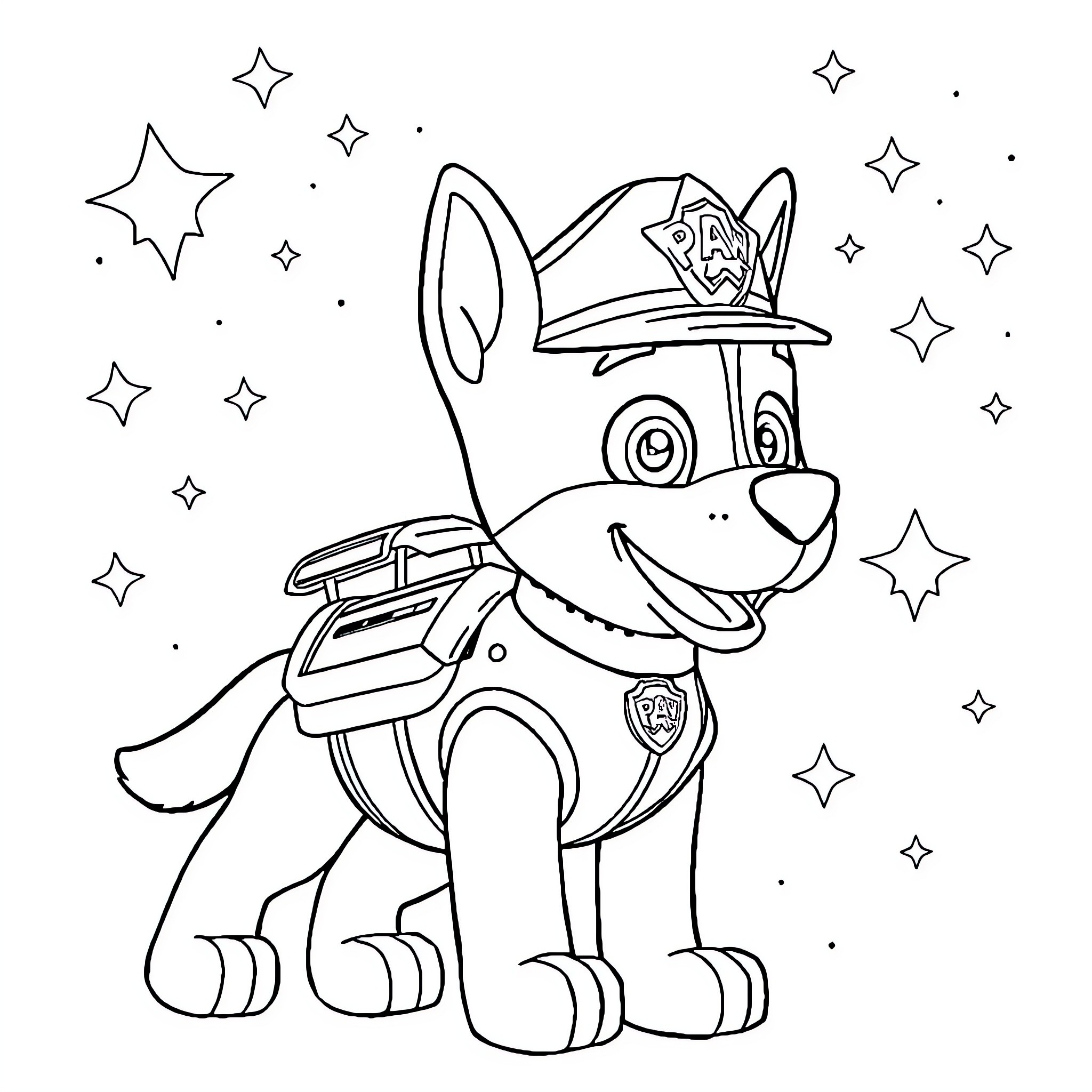 Unicorn puppy in adventure gear and starry sky Coloring Page (free black-and-white line drawing printable PDF for all, from beginners to advanced learners, including children, teens, adults, and seniors)