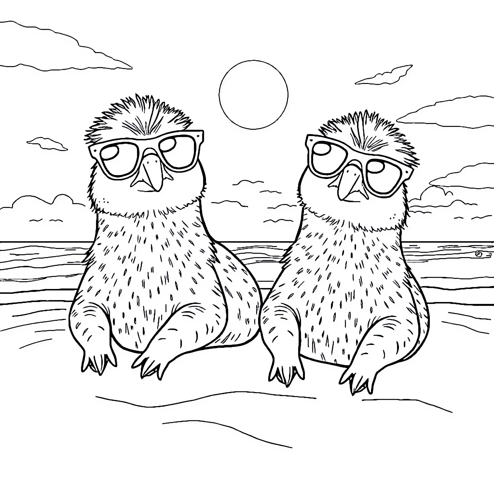 Capybara friends enjoying the beach in stylish sunglasses Coloring Page (free black-and-white line drawing printable PDF for all, from beginners to advanced learners, including children, teens, adults, and seniors)