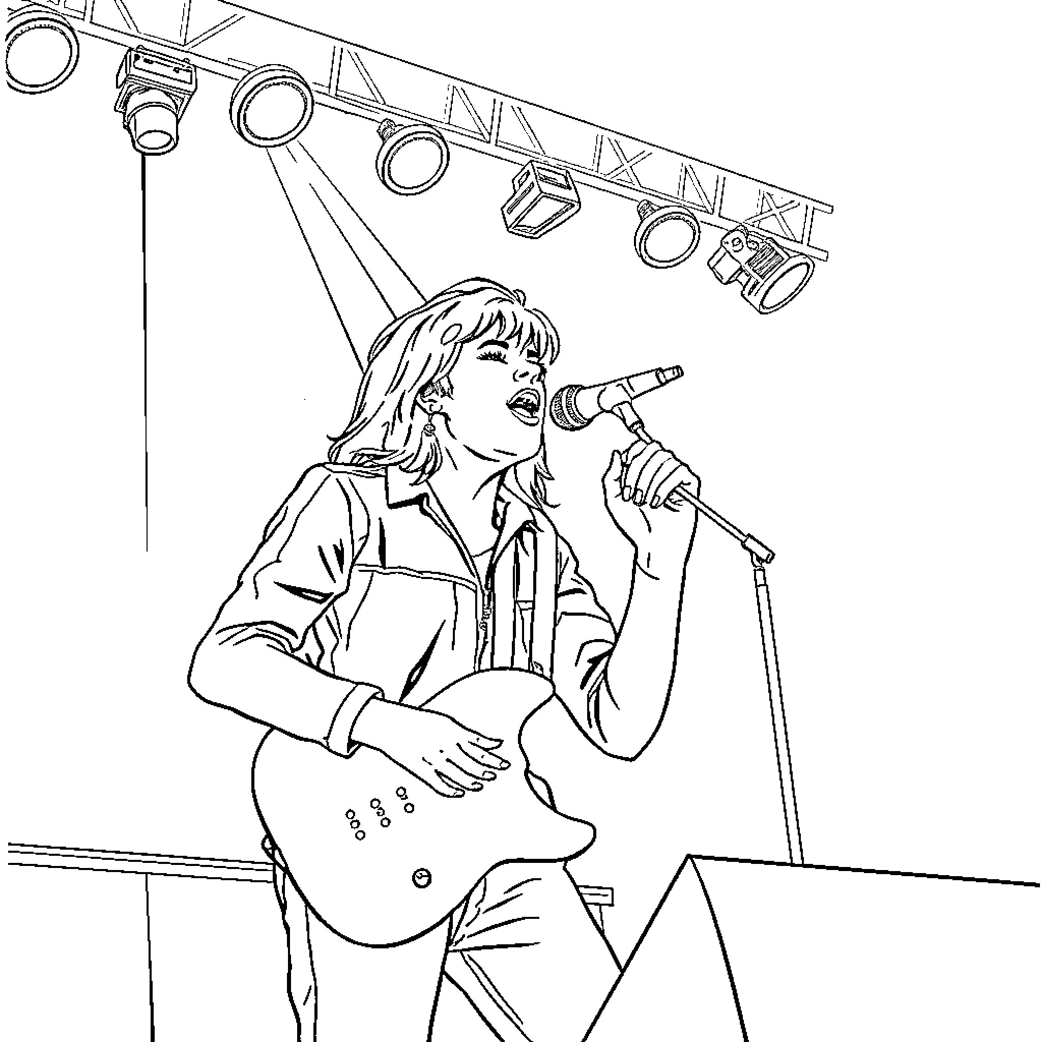 Huntrix performing on stage with guitar Coloring Page (free black-and-white line drawing printable PDF for all, from beginners to advanced learners, including children, teens, adults, and seniors)