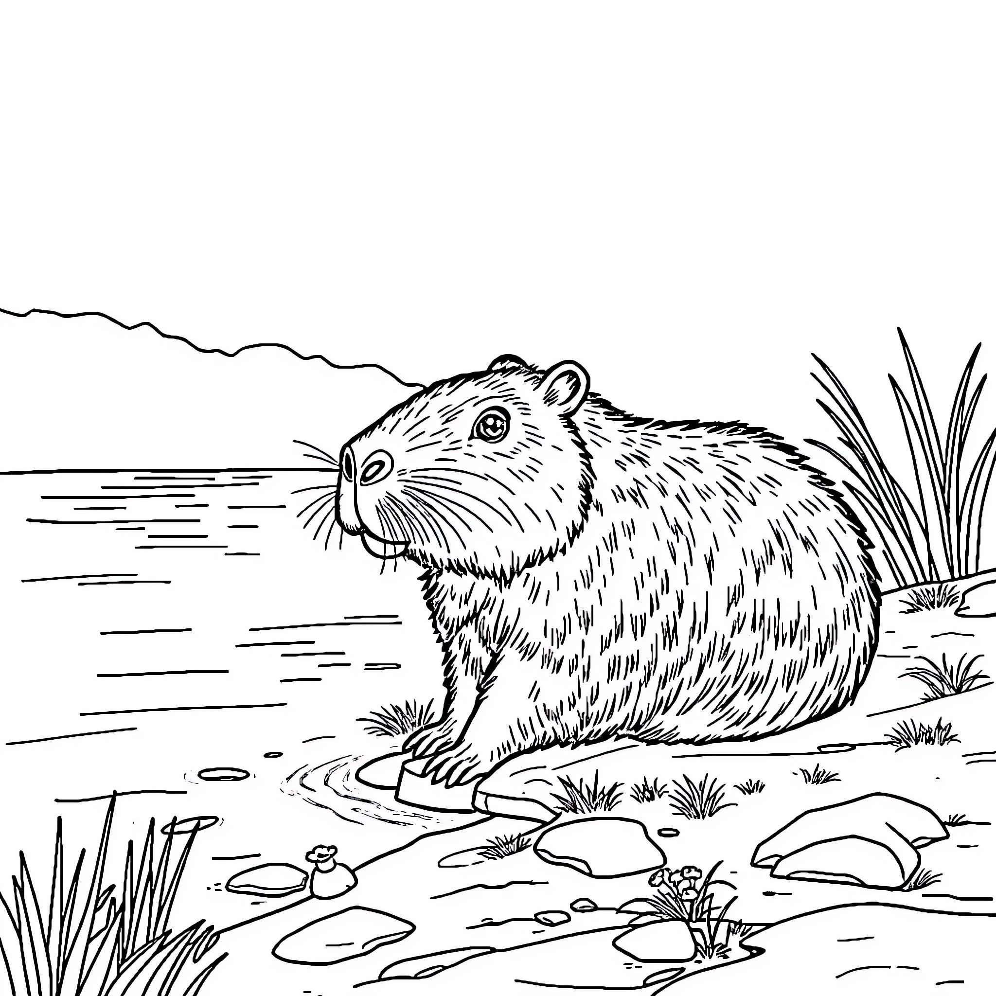 Capybara exploring serene riverbank landscape Coloring Page (free black-and-white line drawing printable PDF for all, from beginners to advanced learners, including children, teens, adults, and seniors)