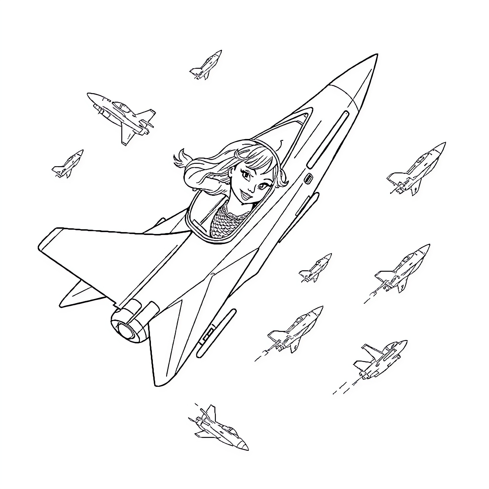 Mermaid soaring through the sky on a jet fighter Coloring Page (free black-and-white line drawing printable PDF for all, from beginners to advanced learners, including children, teens, adults, and seniors)