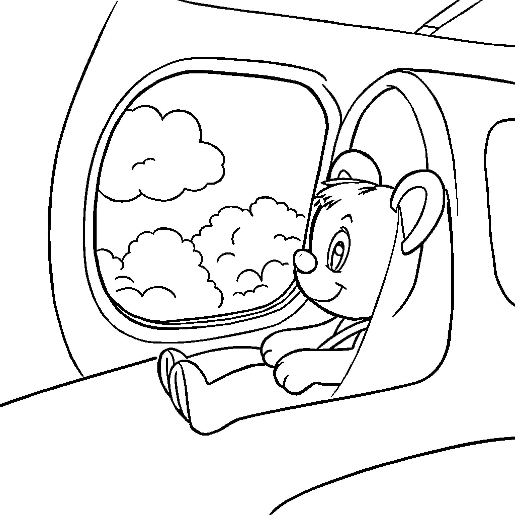Bluey looking out the airplane window Coloring Page (free black-and-white line drawing printable PDF for all, from beginners to advanced learners, including children, teens, adults, and seniors)