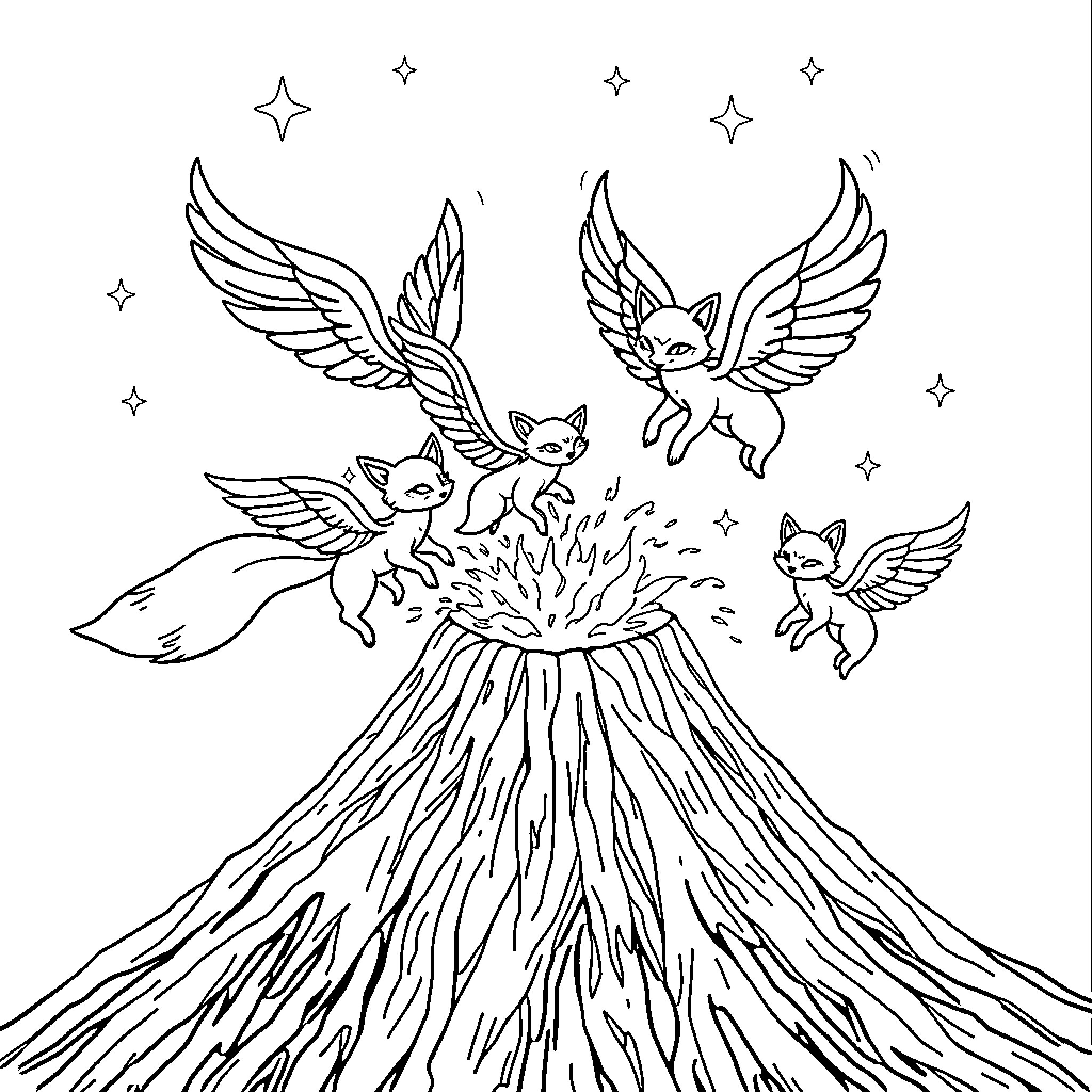 Fox Soaring with Winged Companions in Starry Night Coloring Page (free black-and-white line drawing printable PDF for all, from beginners to advanced learners, including children, teens, adults, and seniors)